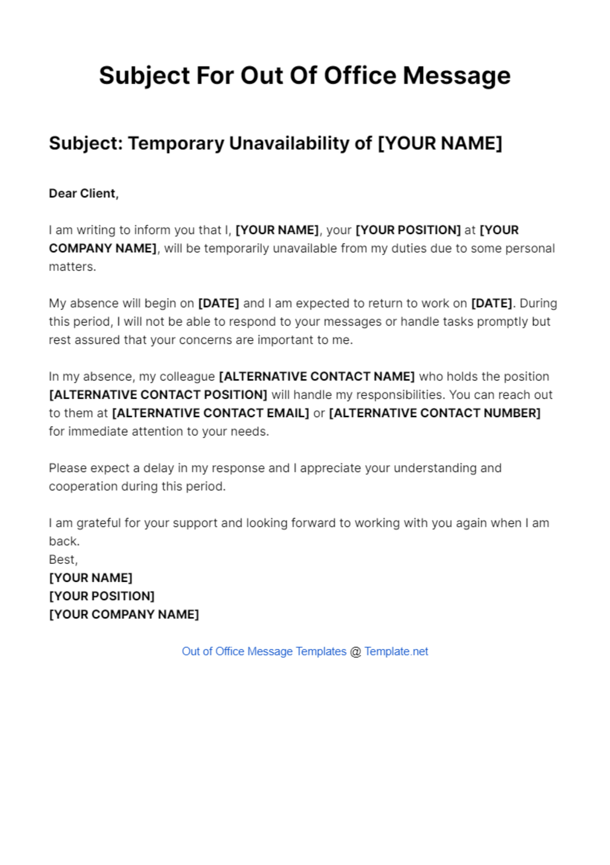 Subject For Out Of Office Message Template