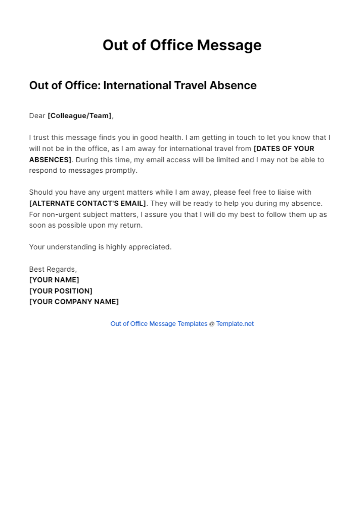 International Travel Out Of Office Message Template
