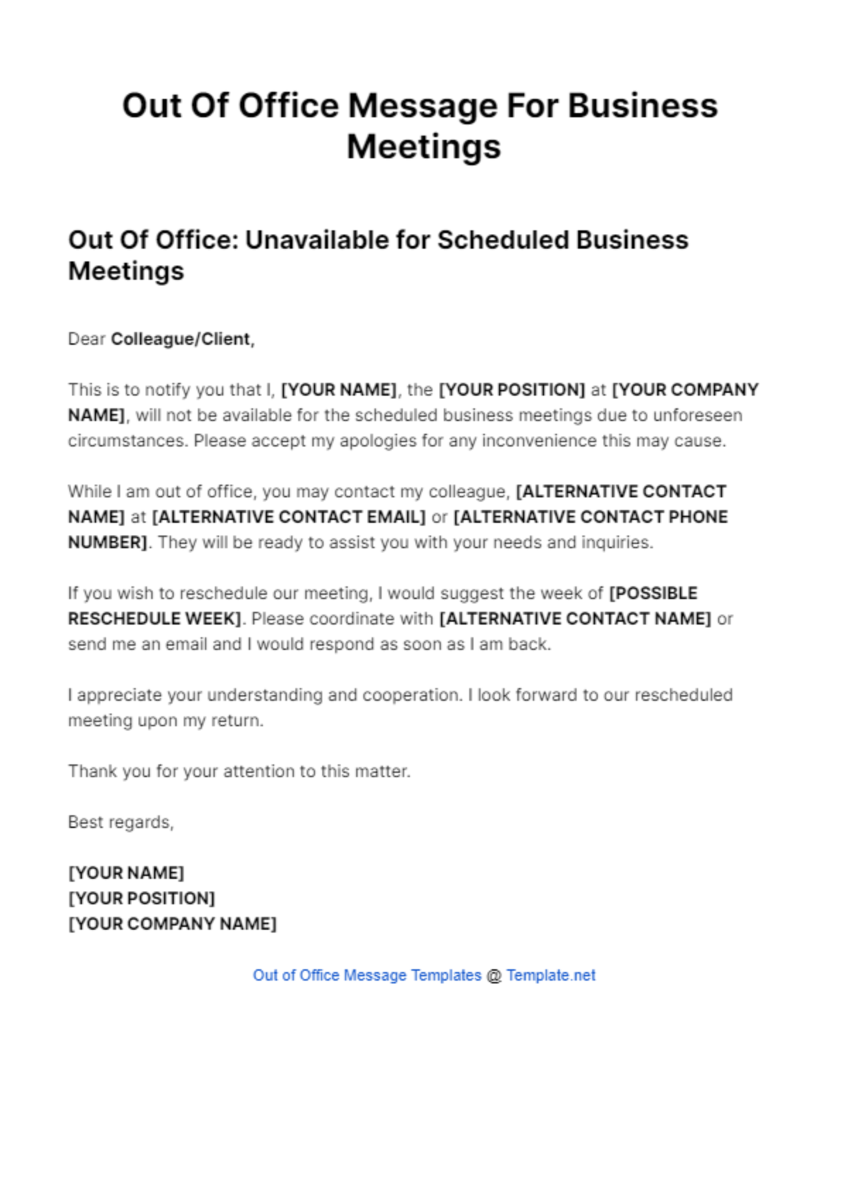 Out Of Office Message For Business Meetings Template