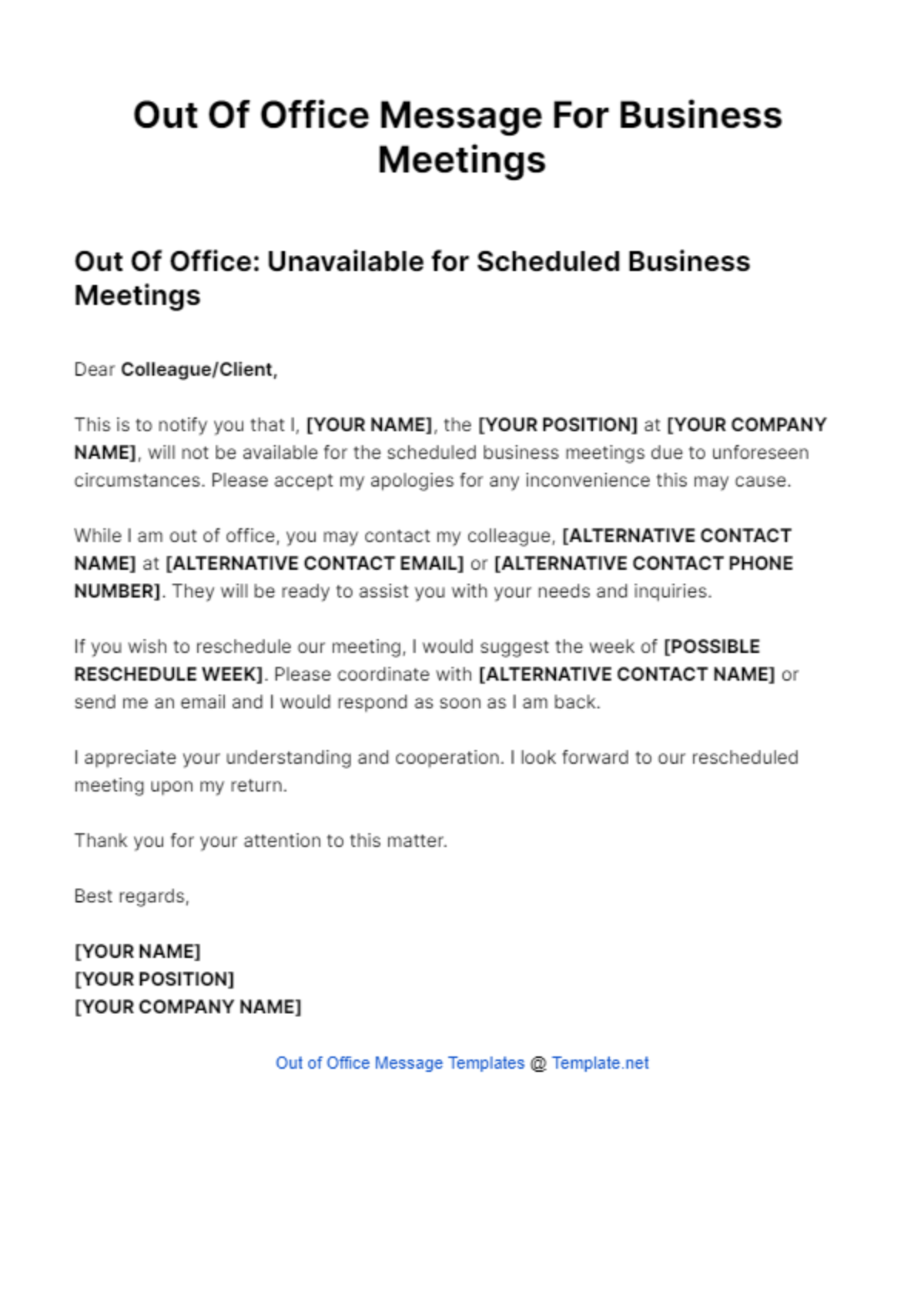 Out Of Office Message For Business Meetings Template Edit Online 