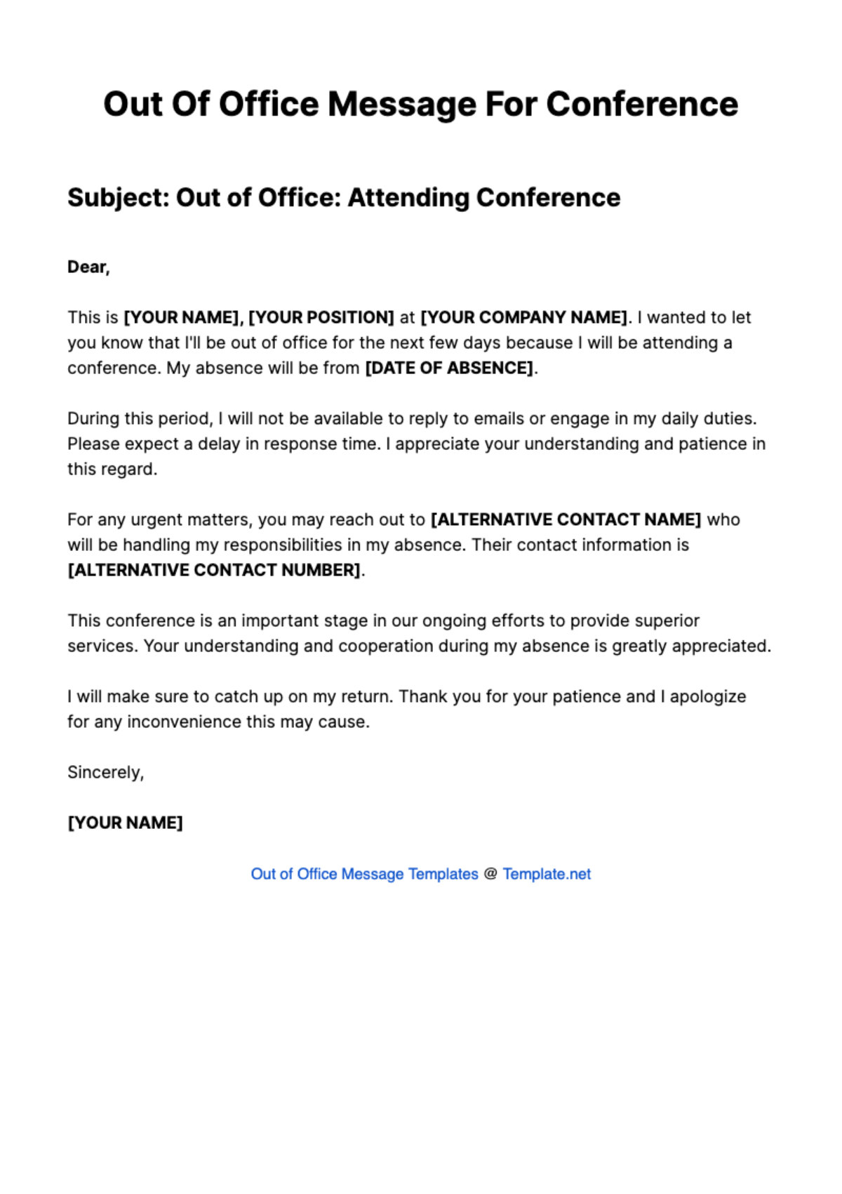 Out Of Office Message For Conference Template