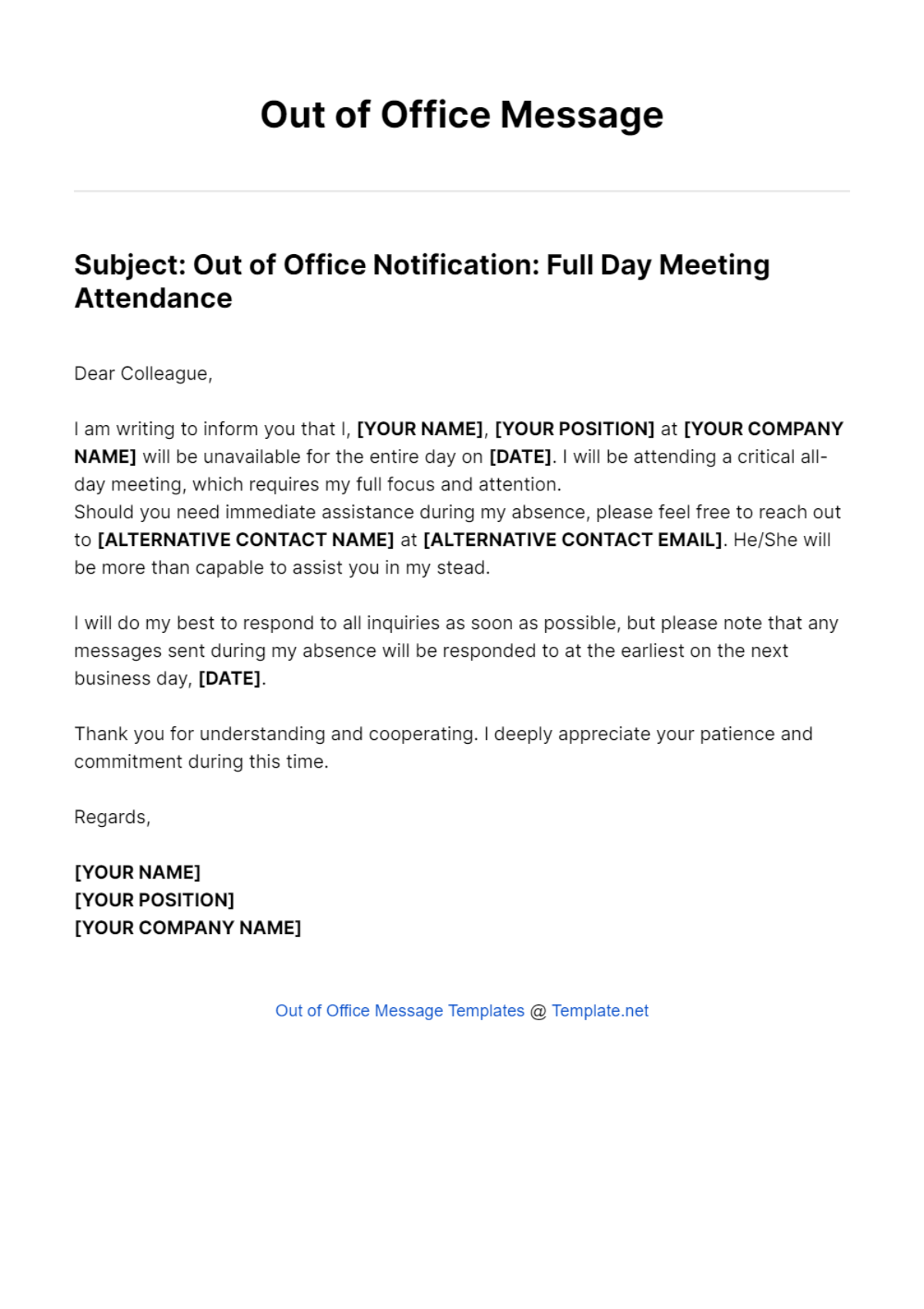 All Day Meeting Out Of Office Message Template