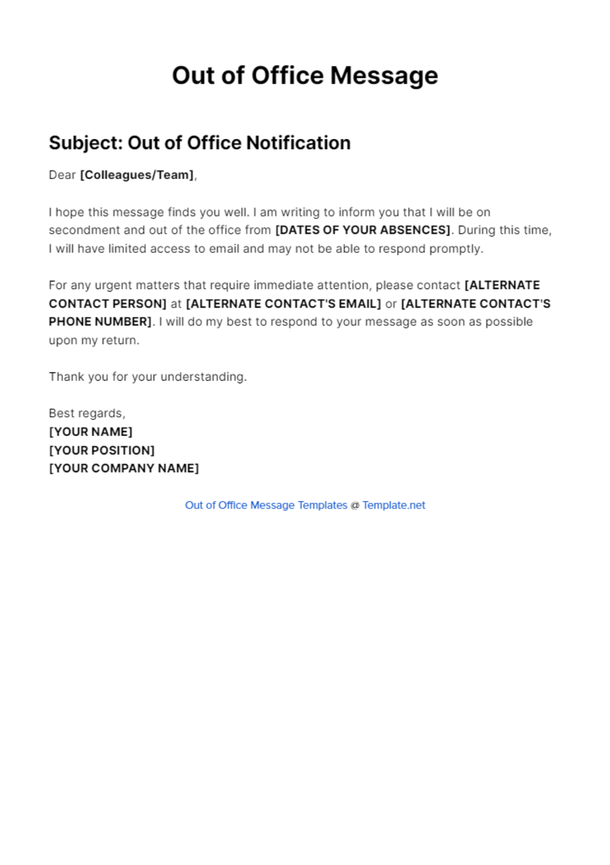 Secondment Out Of Office Message Template