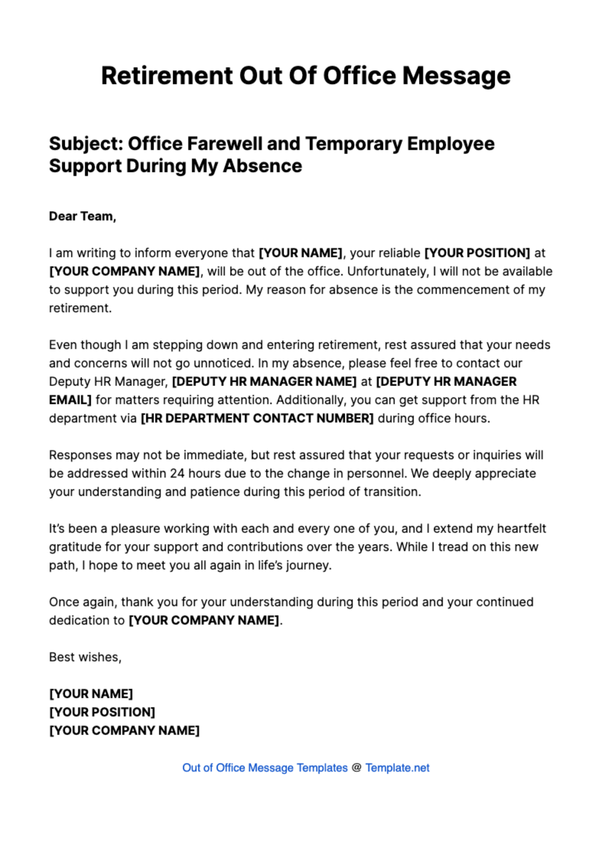 Retirement Out Of Office Message Template