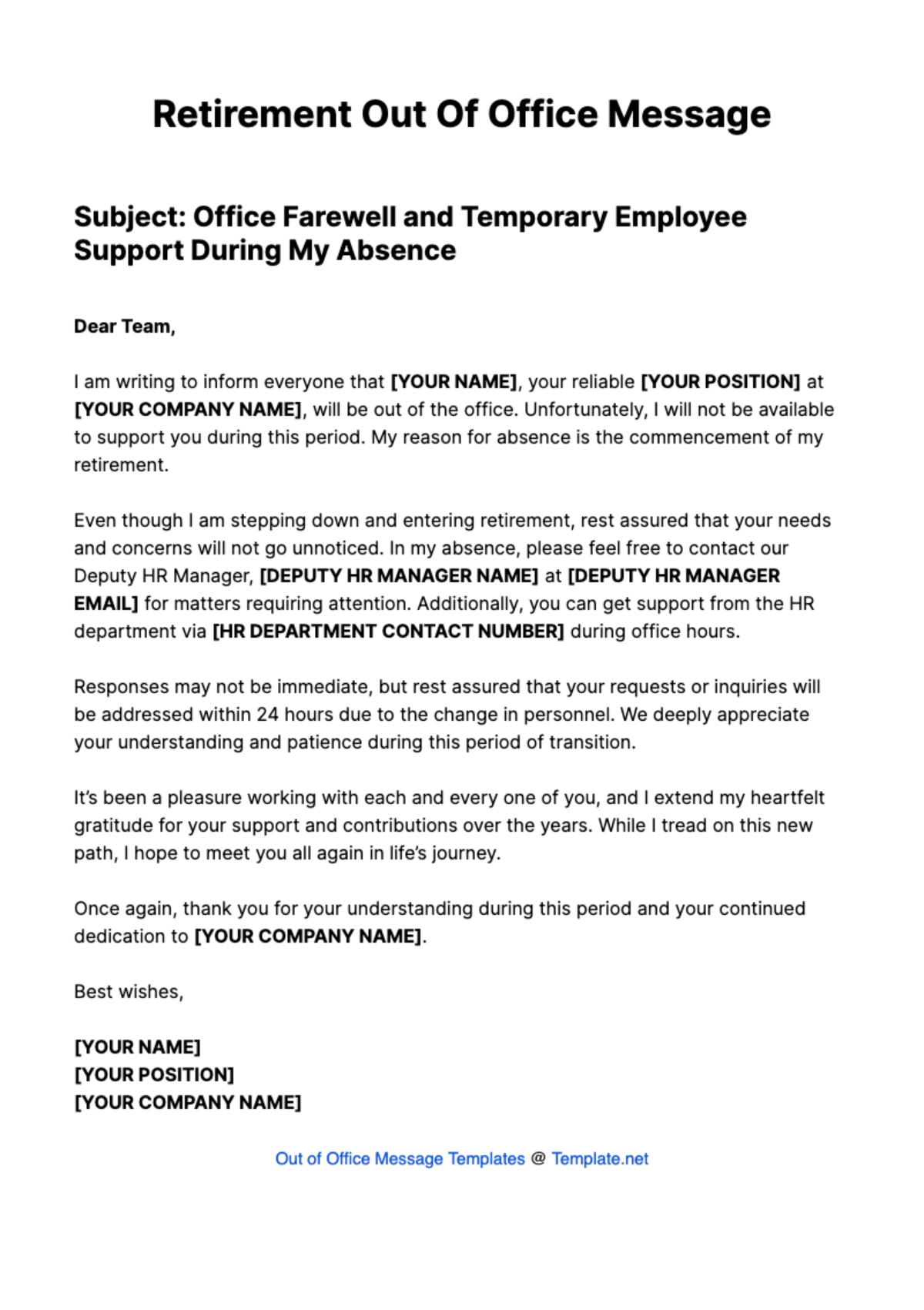 Retirement Out Of Office Message Template - Edit Online & Download 