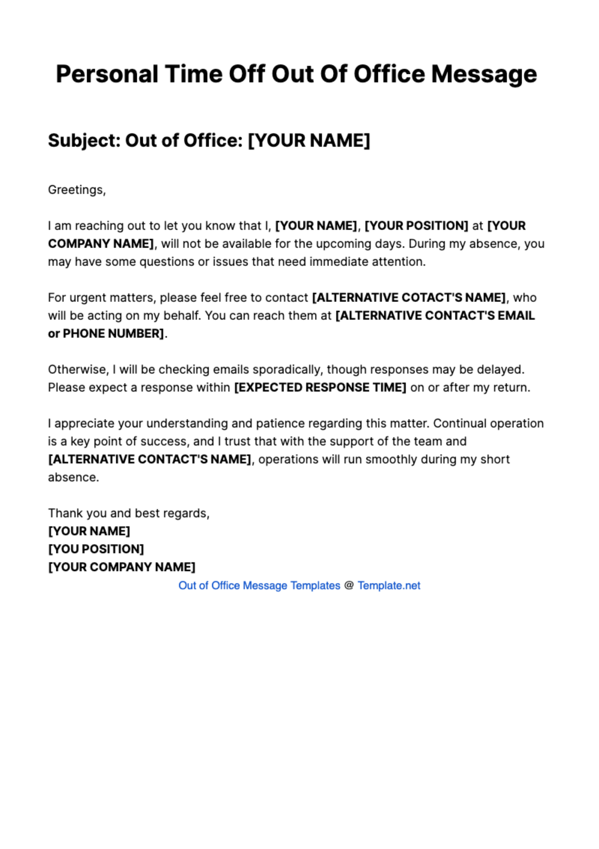 Personal Time Off Out Of Office Message Template