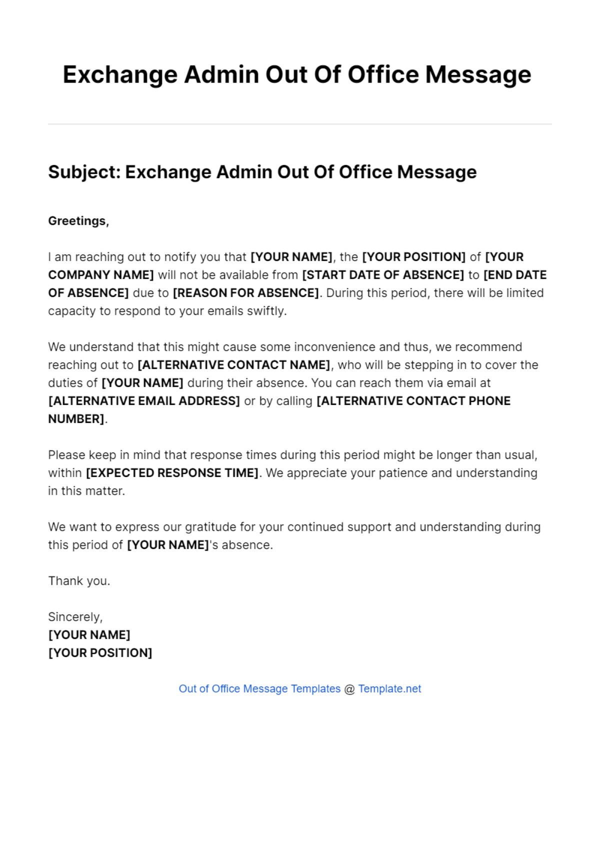 Exchange Admin Out Of Office Message Template