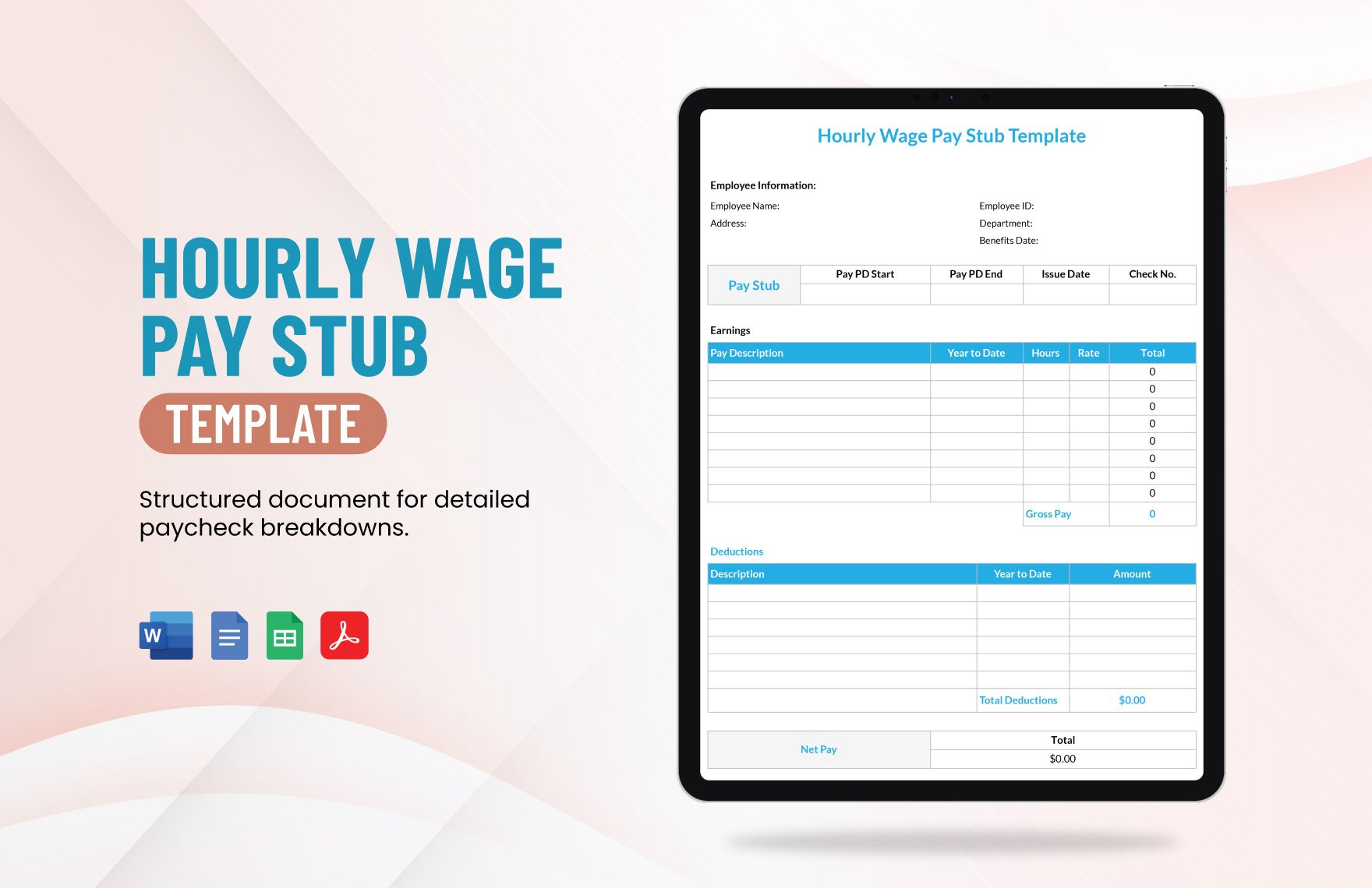 Hourly Wage Pay Stub Template in Word, Google Docs, PDF, Google Sheets