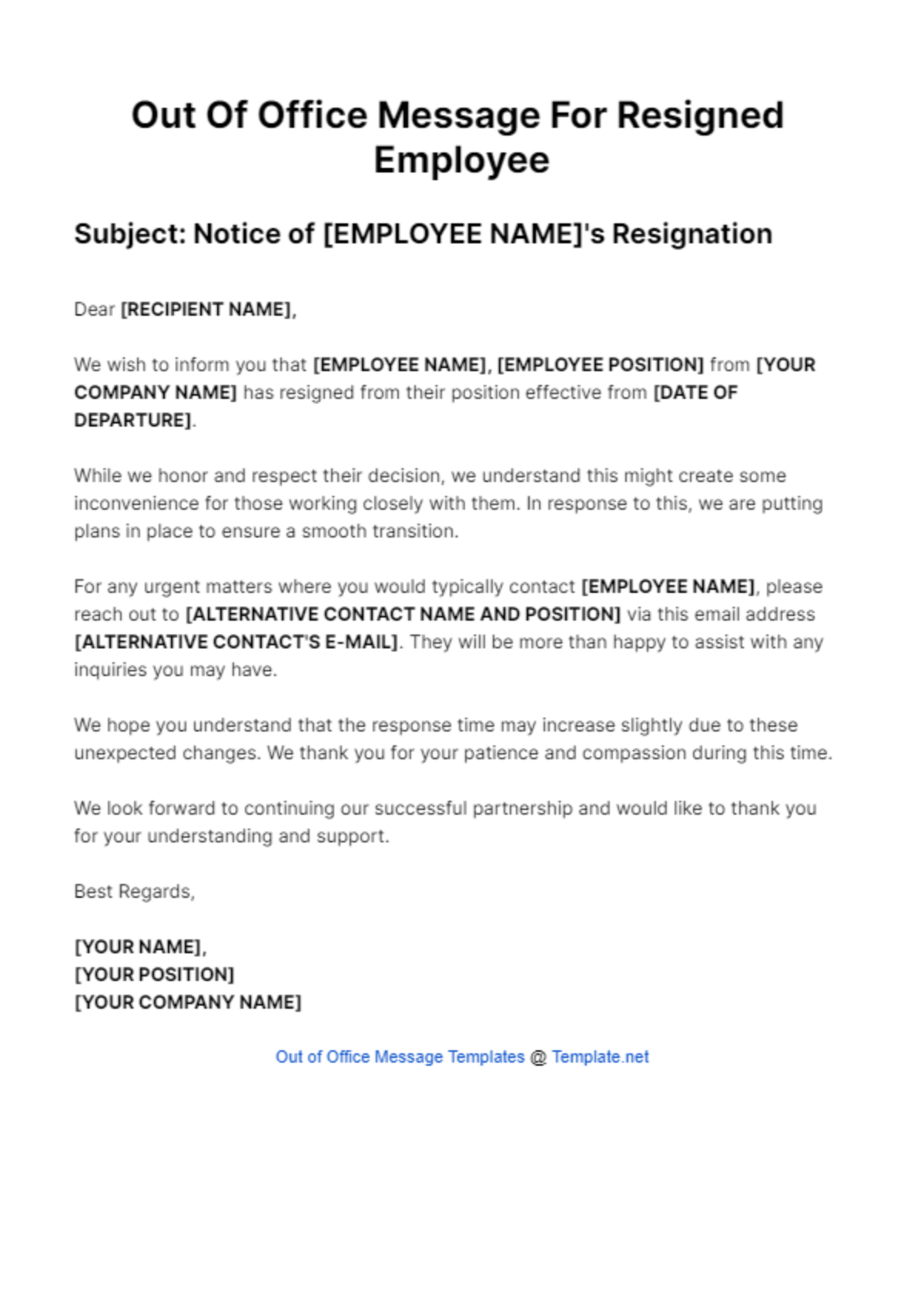 Out Of Office Message For Resigned Employee Template