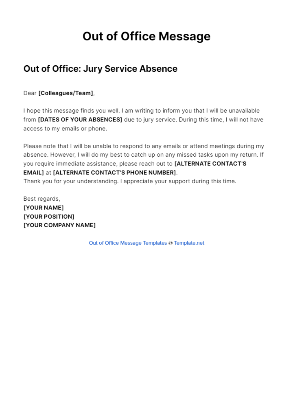 Jury Service Out Of Office Message Template