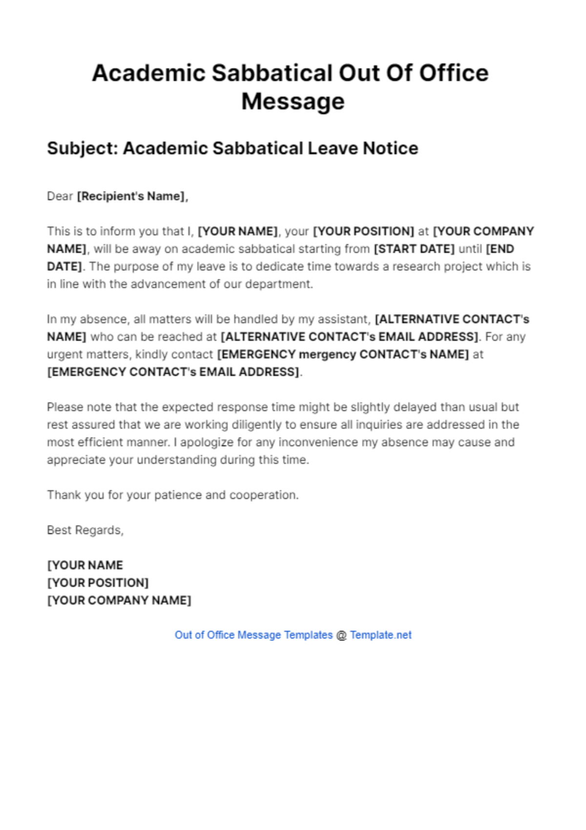 Academic Sabbatical Out Of Office Message Template
