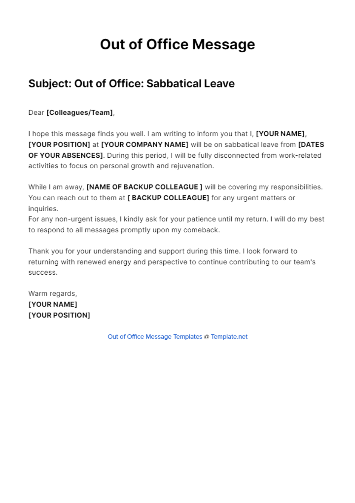 Out Of Office Message For Sabbatical Leave Template