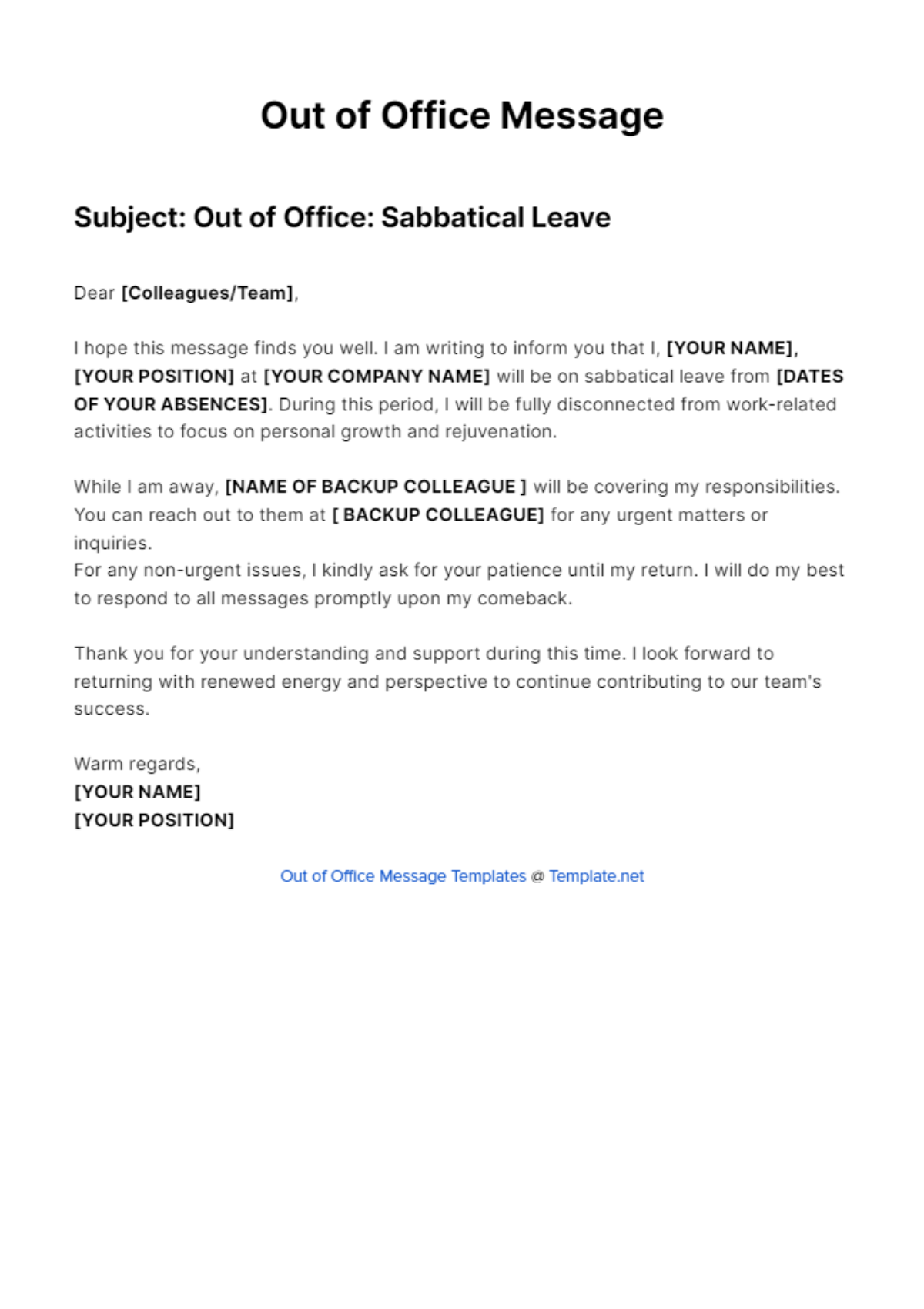 Out Of Office Message For Sabbatical Leave Template - Edit Online & Download