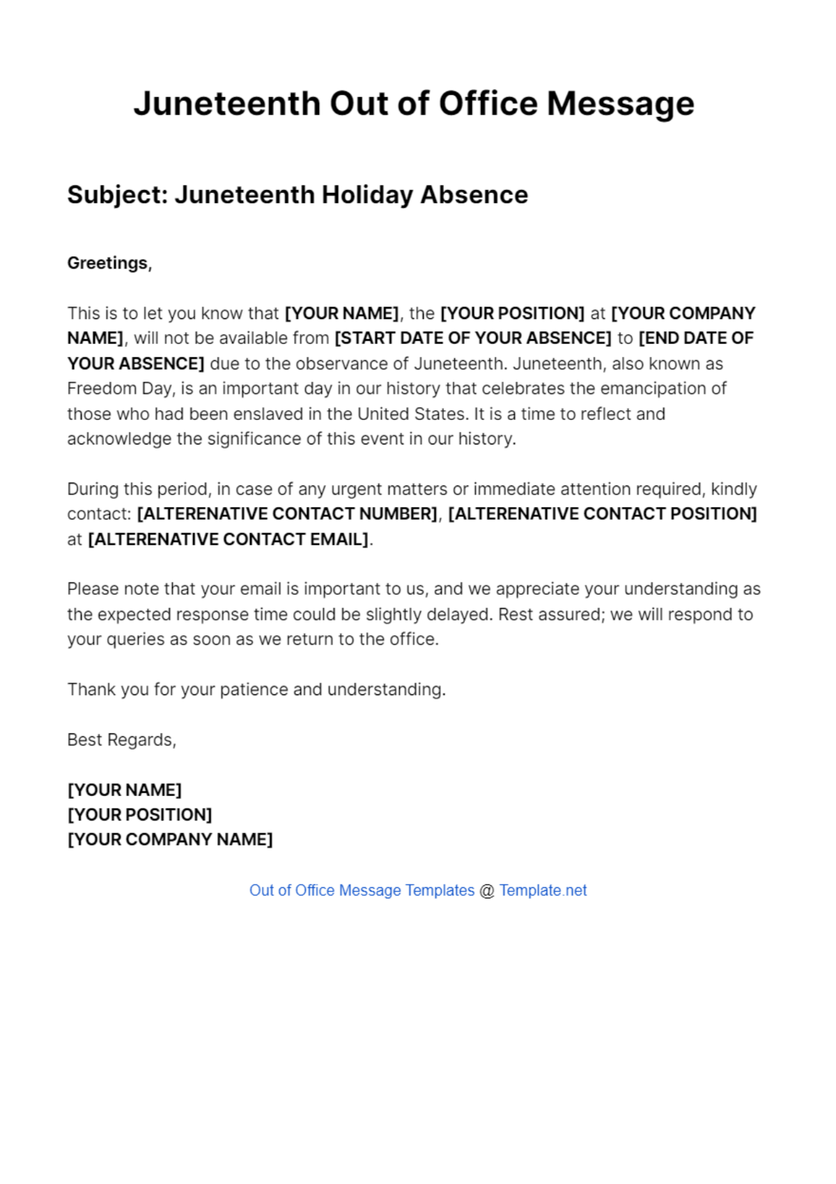 Juneteenth Out of Office Message Template - Edit Online & Download