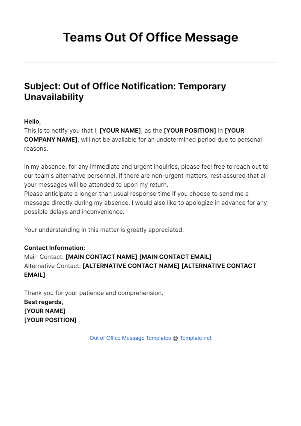 Teams Out Of Office Message Template
