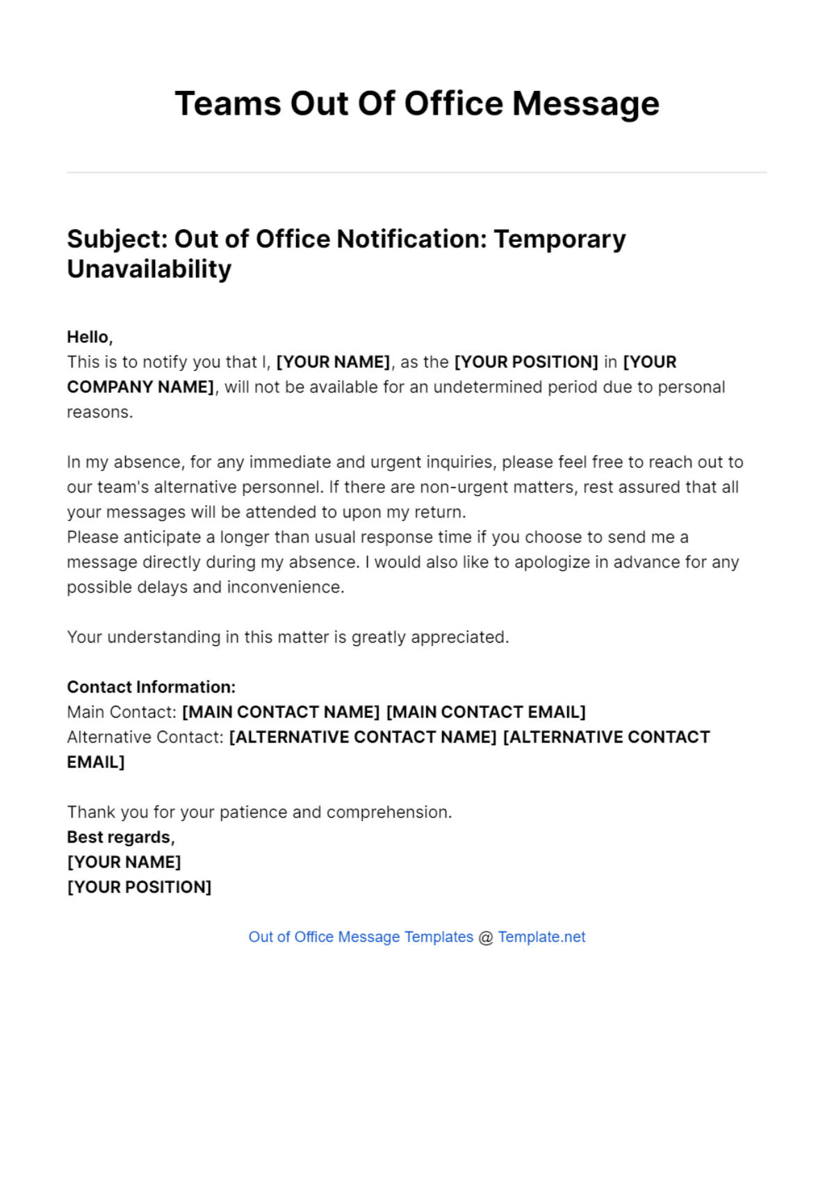 Teams Out Of Office Message Template - Edit Online & Download Example ...