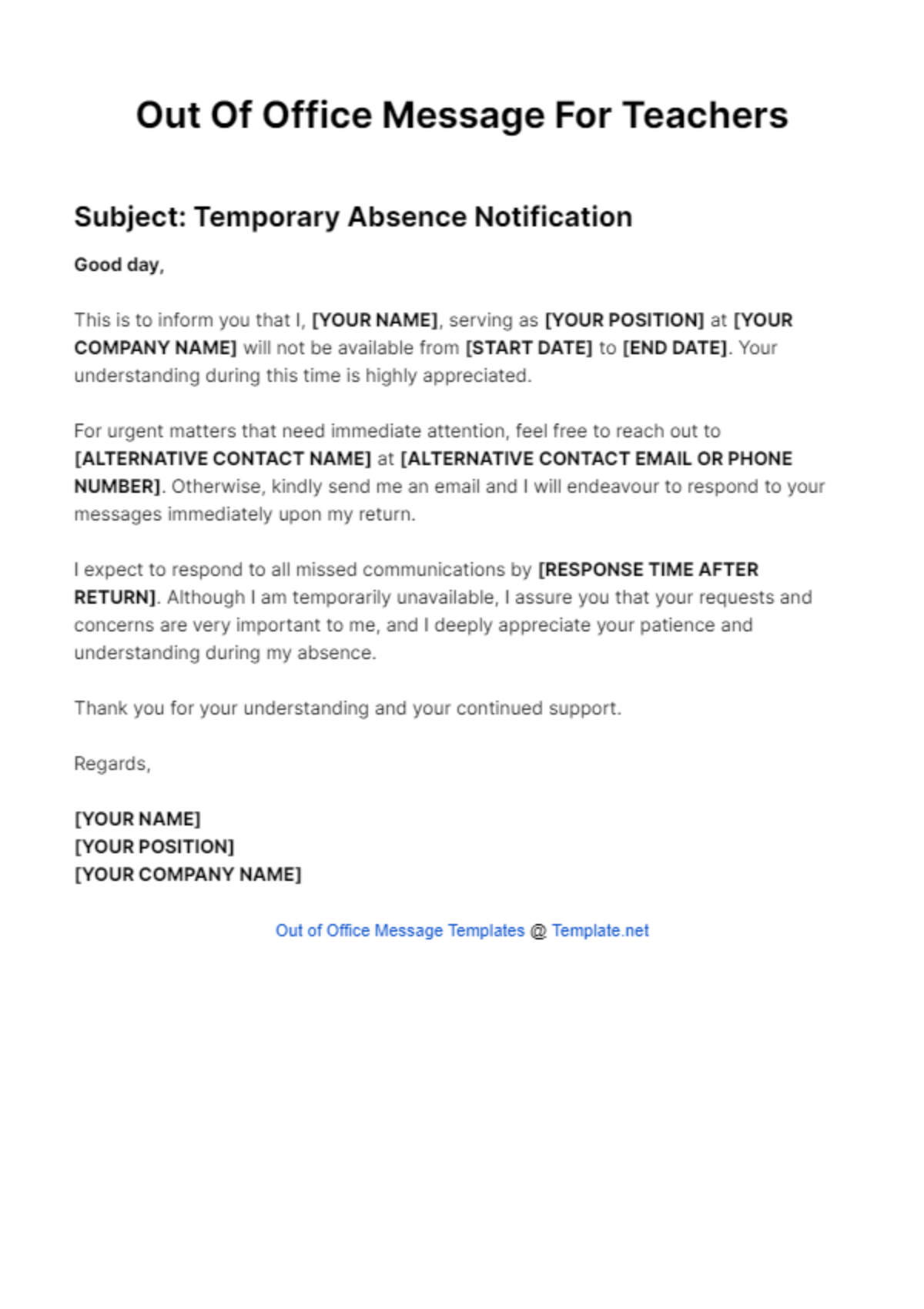 Out Of Office Message For Teachers Template