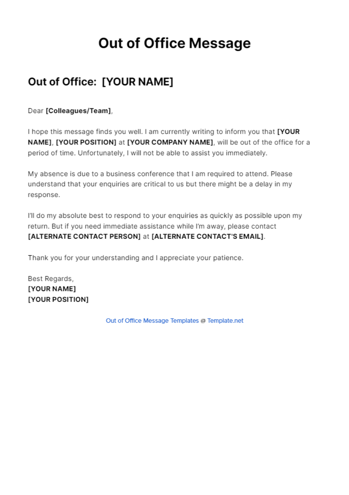 Conference Or Work Event Out Of Office Message Template