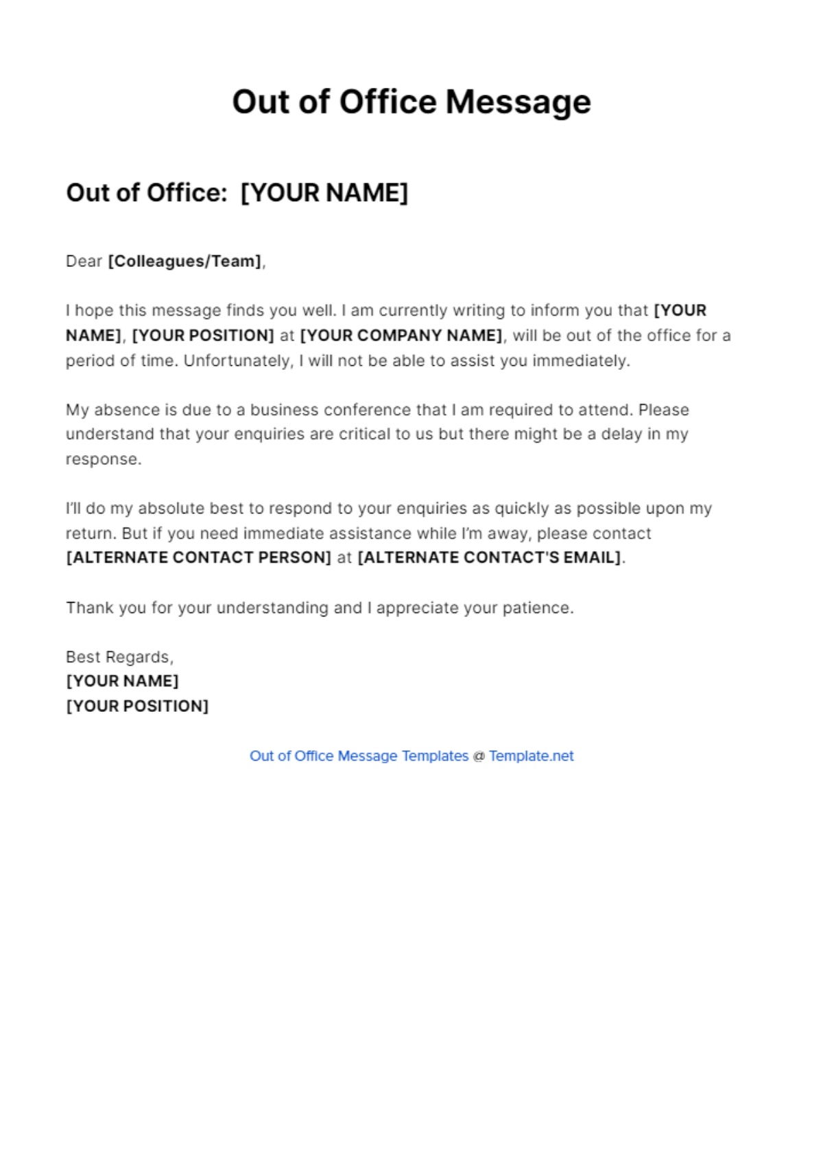 Conference Or Work Event Out Of Office Message Template - Edit Online & Download