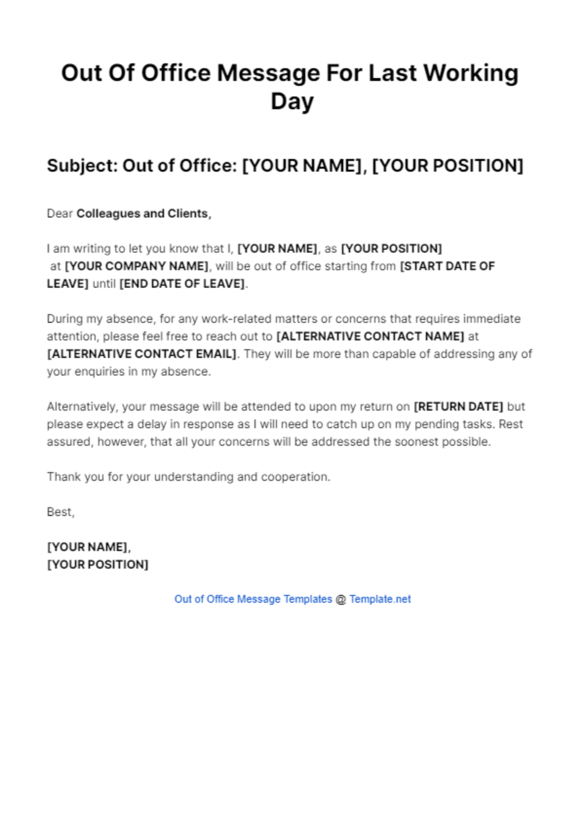 Out Of Office Message For Last Working Day Template