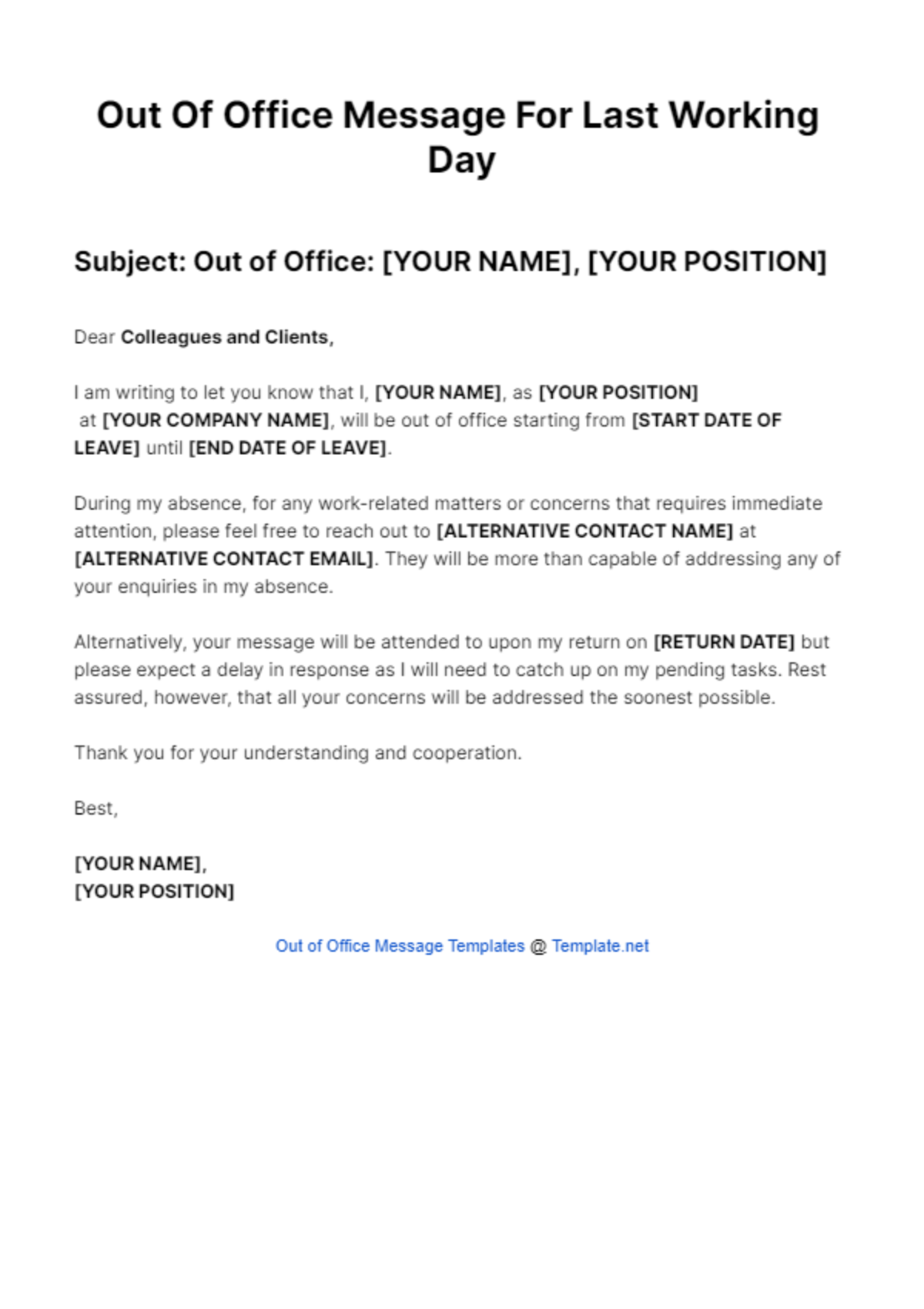 Out Of Office Message For Last Working Day Template - Edit Online & Download