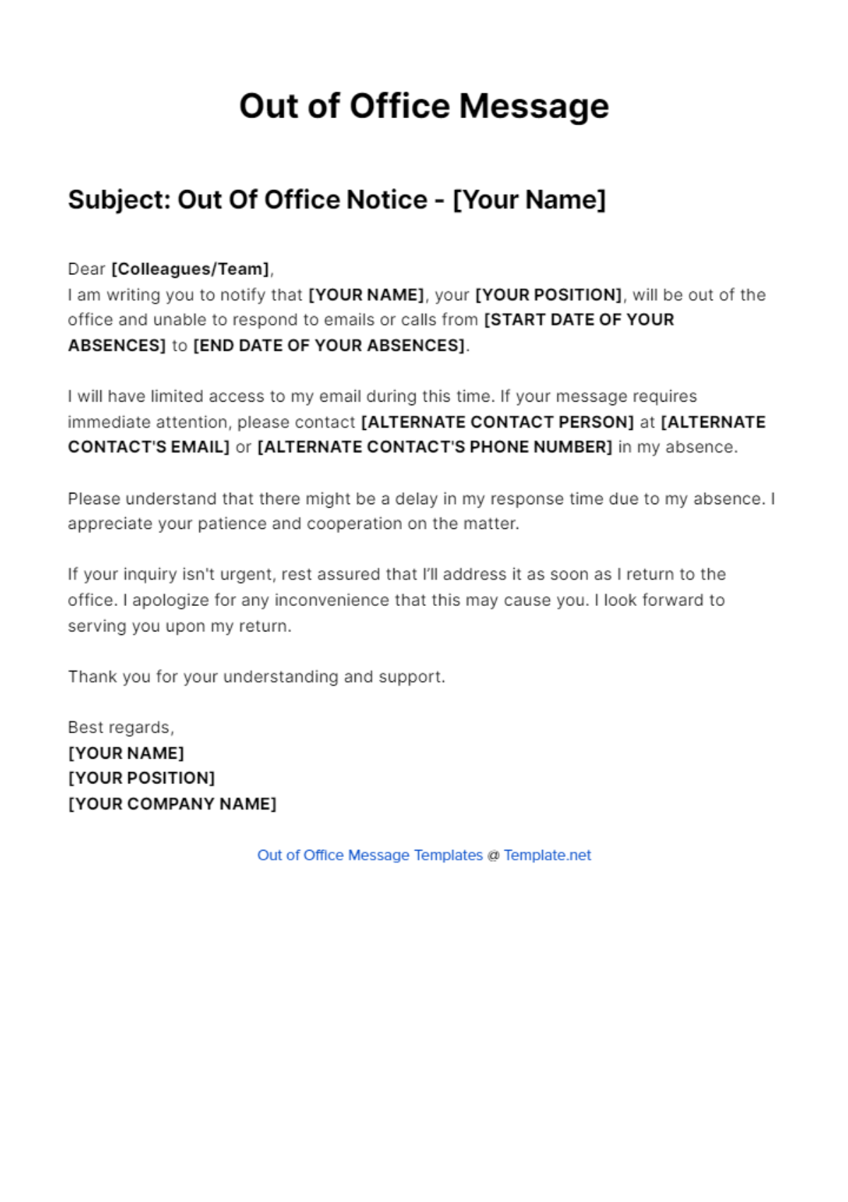 Doctor Out Of Office Message Template