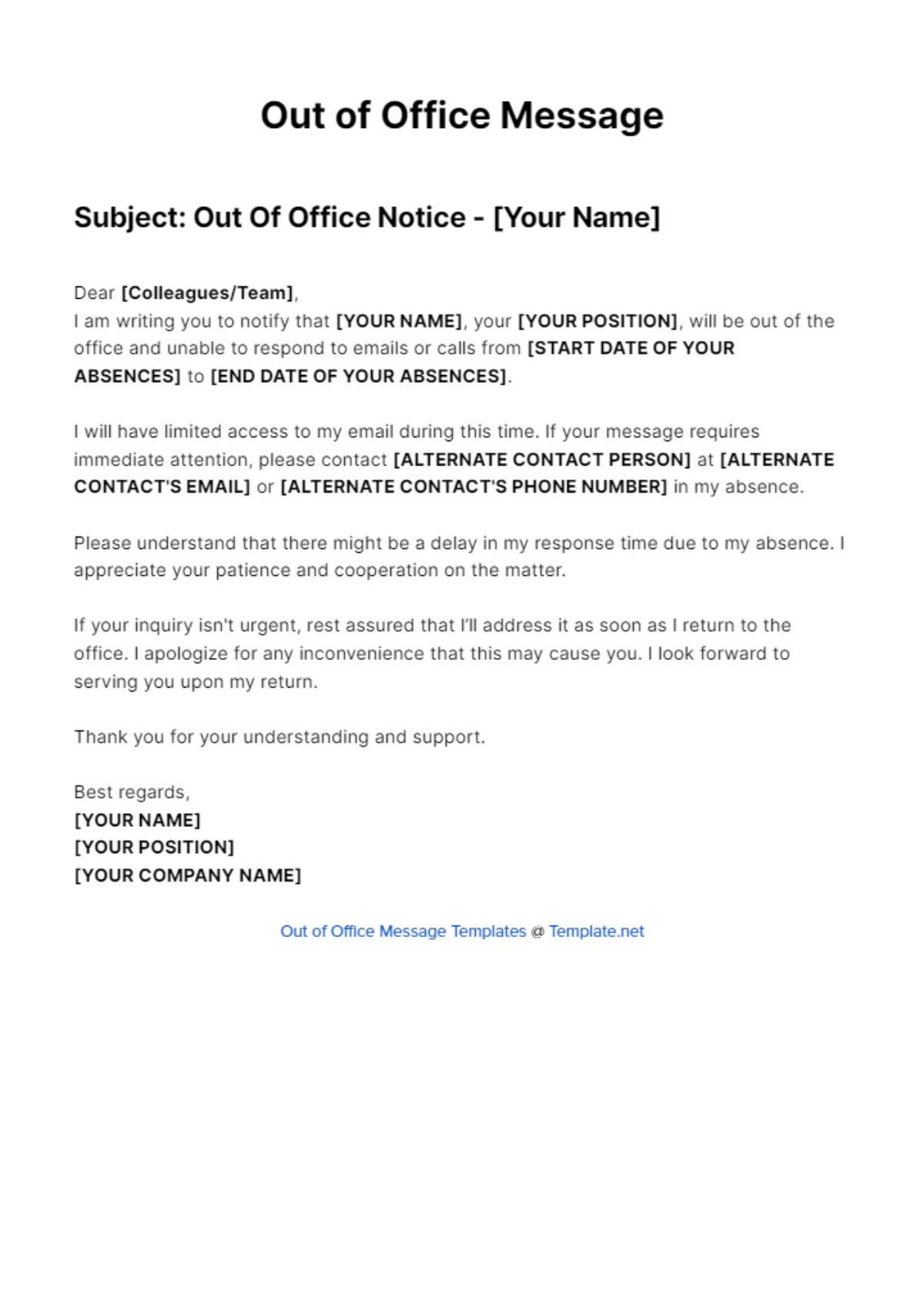 Doctor Out Of Office Message Template - Edit Online & Download