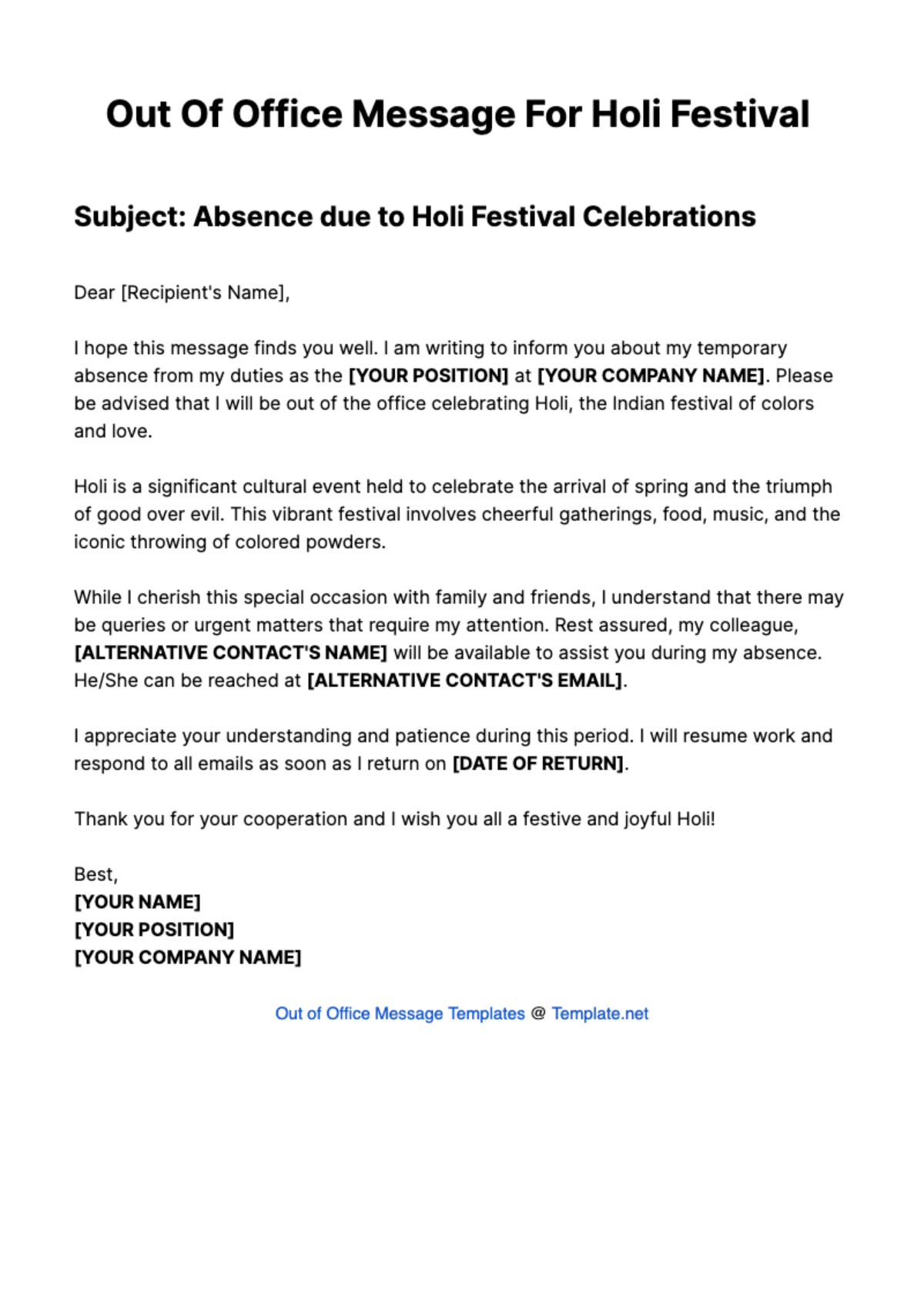 Out Of Office Message For Holi Festival Template - Edit Online & Download