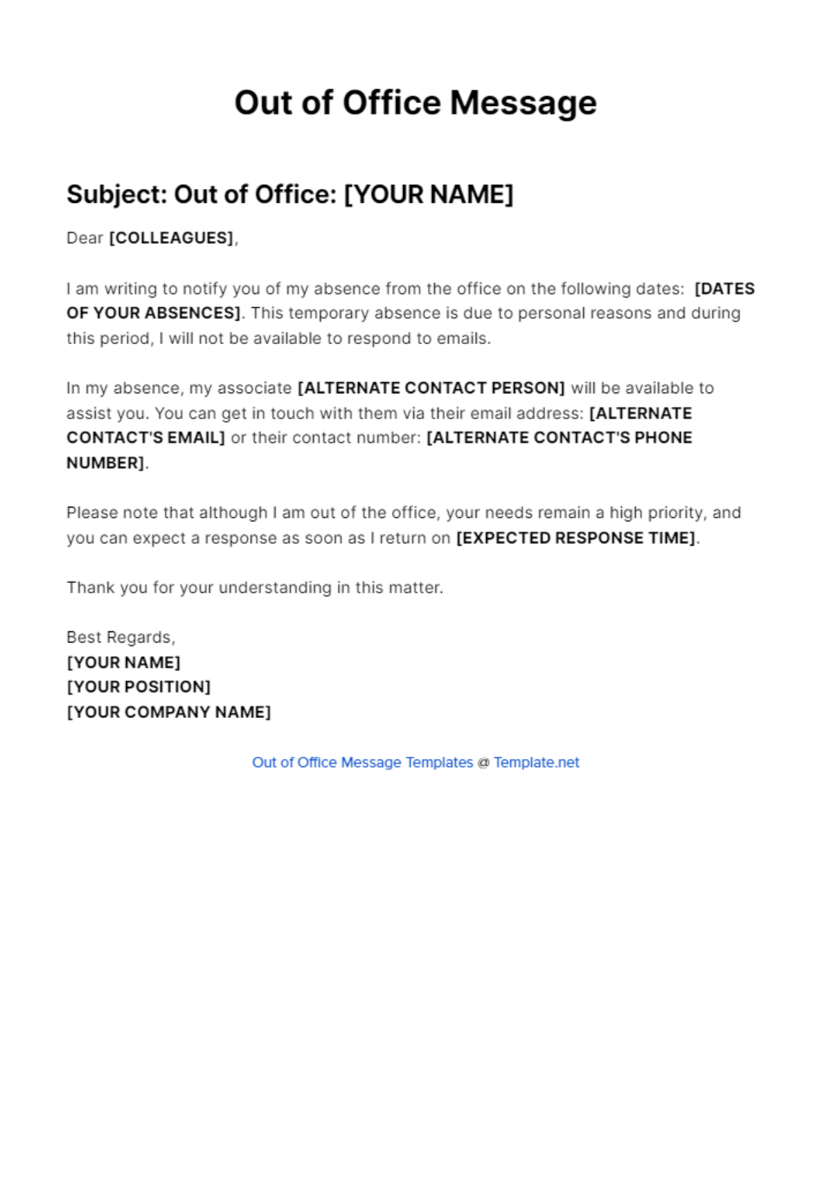 Working Offsite Out Of Office Message Template