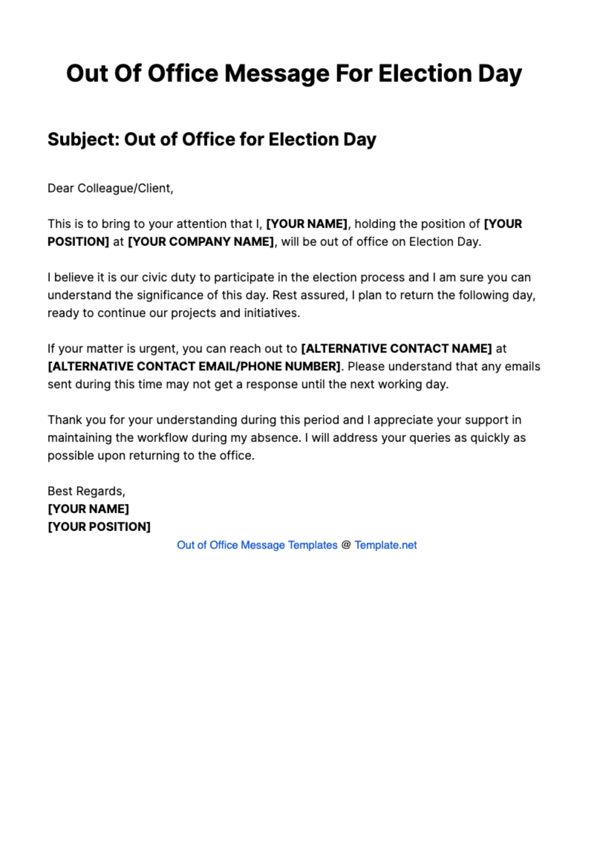 Out Of Office Message For Election Day Template - Edit Online & Download