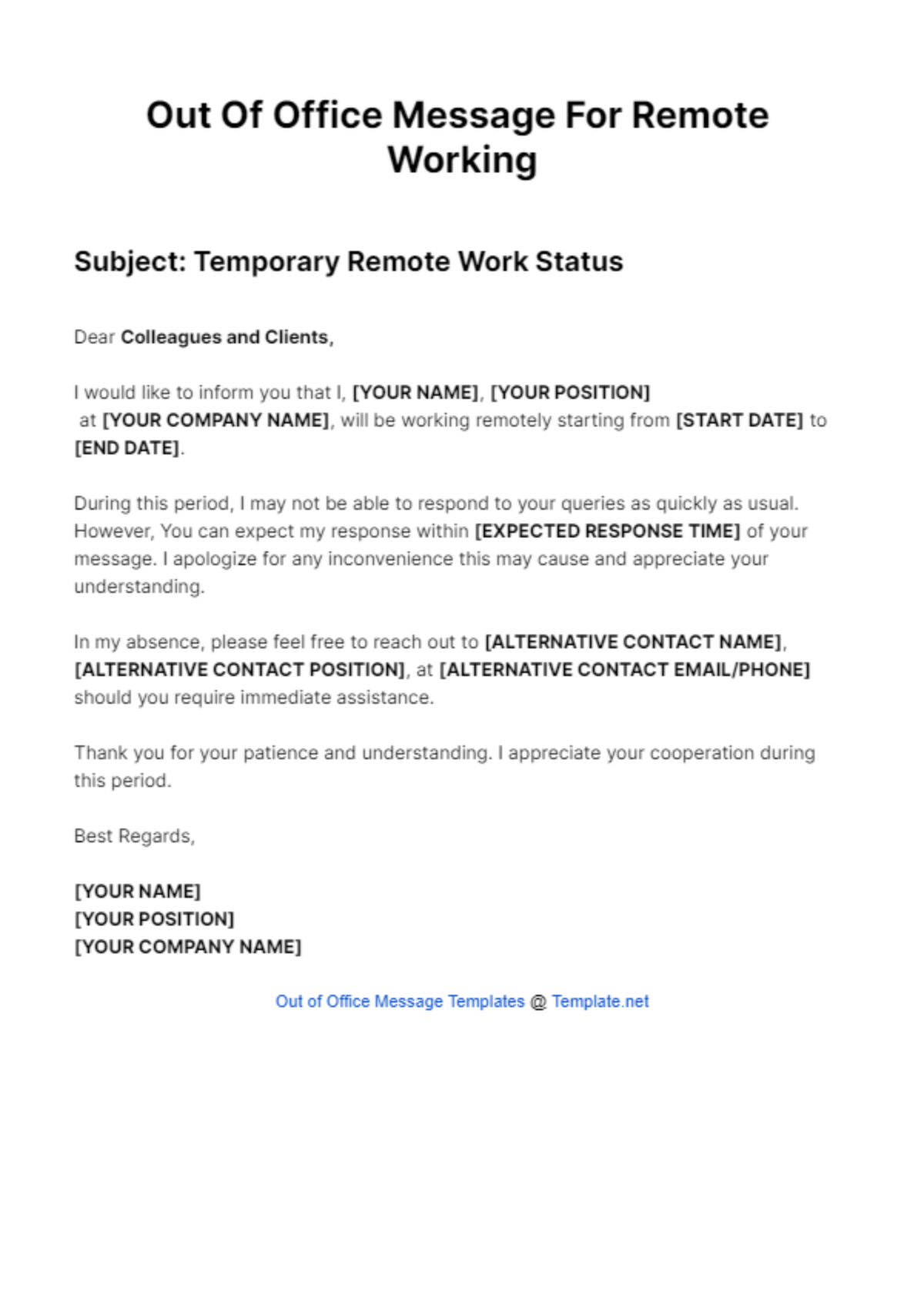 Out Of Office Message For Remote Working Template