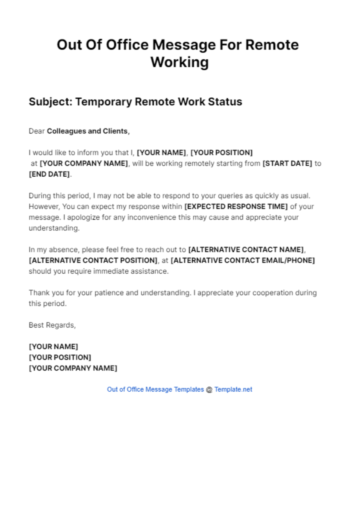 Out Of Office Message For Remote Working Template Edit Online 