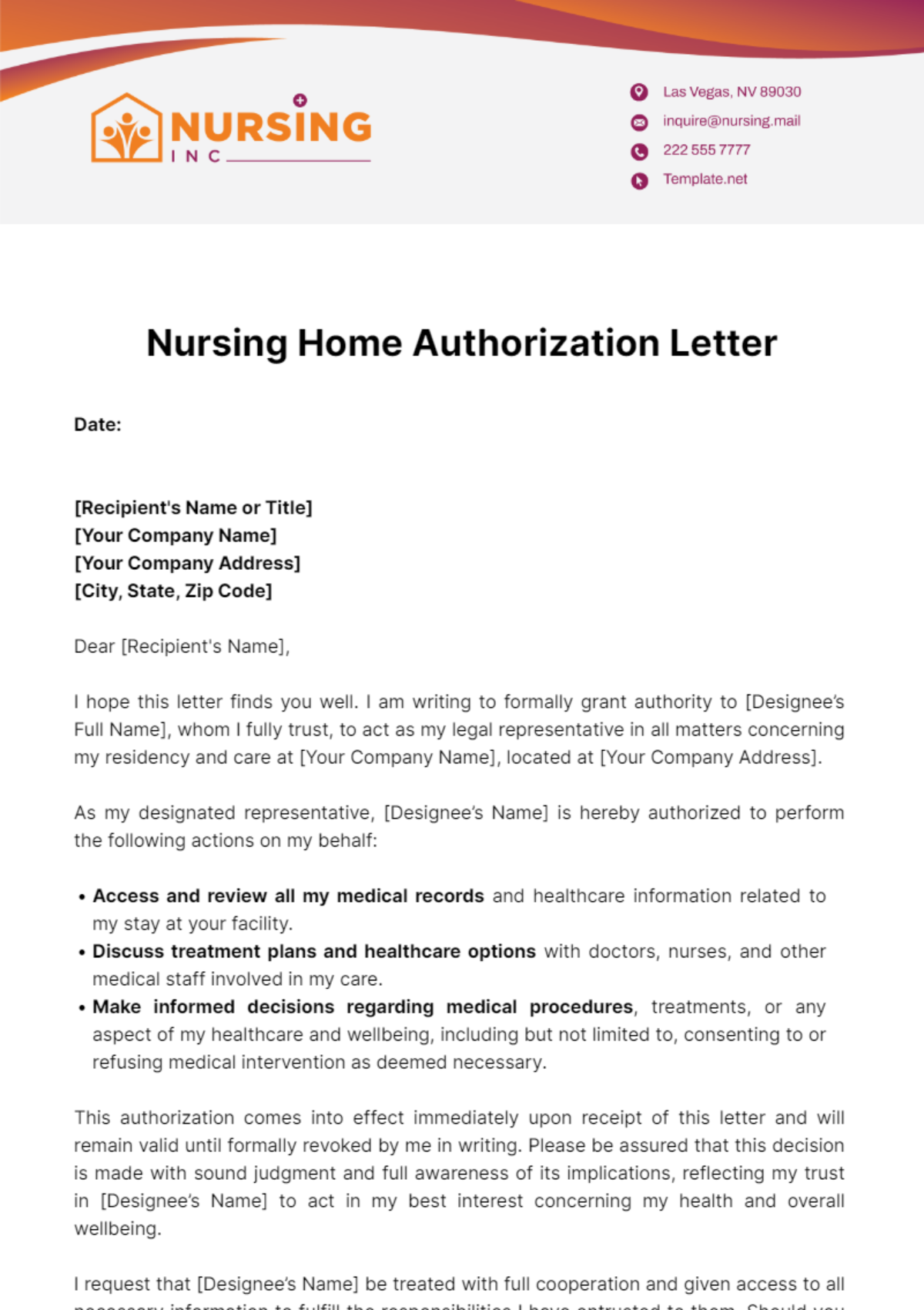 Nursing Home Authorization Letter Template