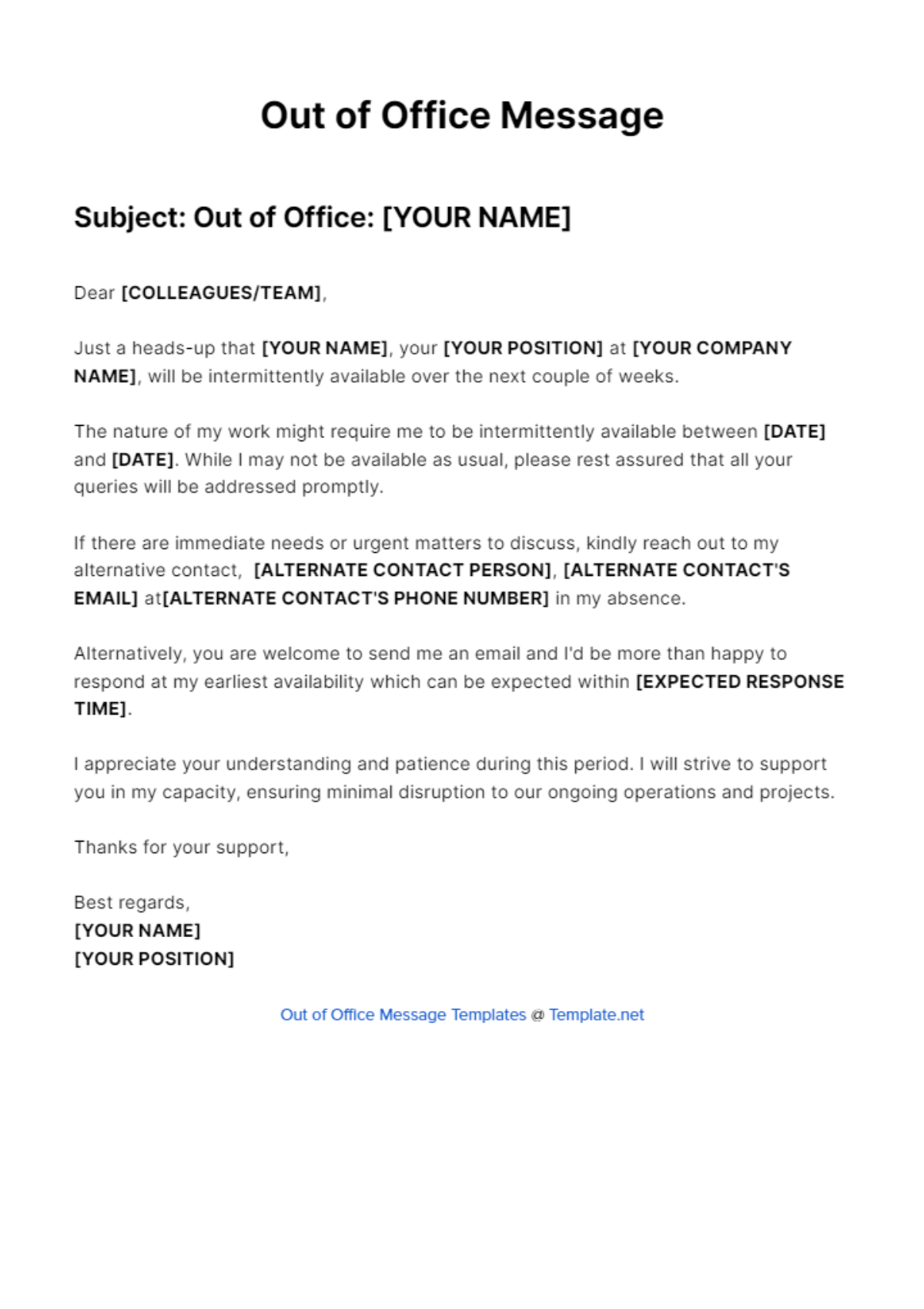 Working Intermittently Out Of Office Message Template