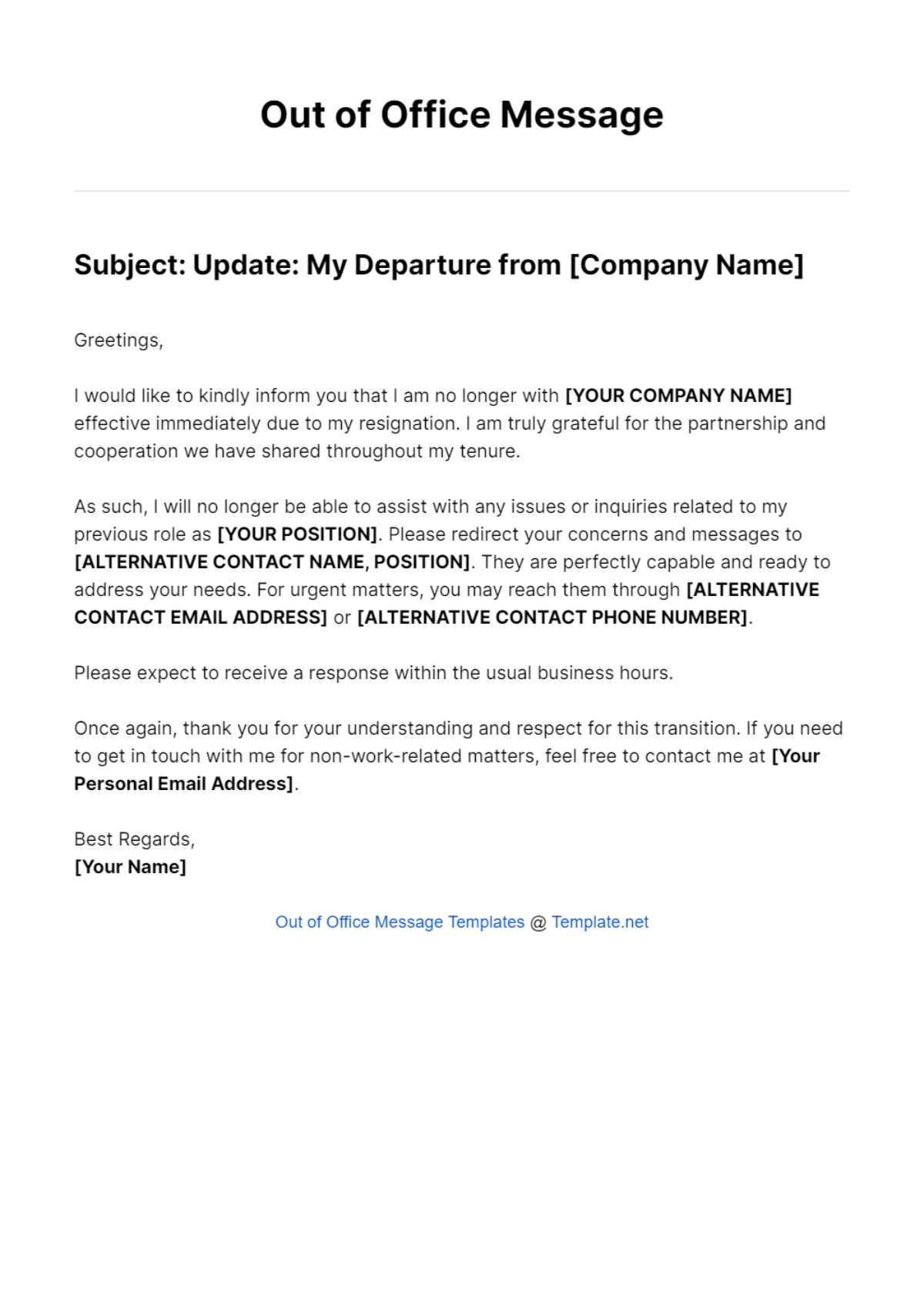 Resigned Out Of Office Message Template