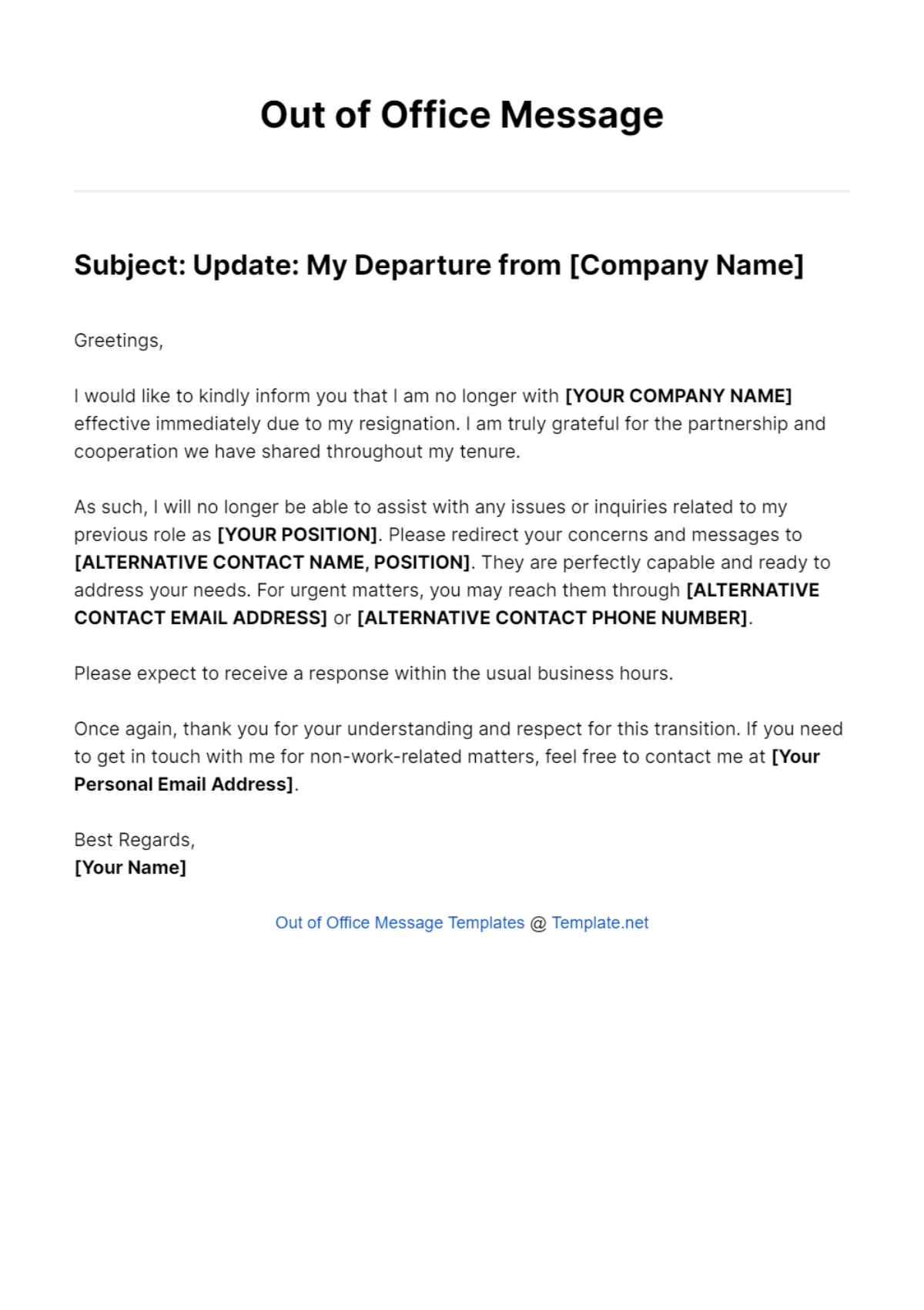 Resigned Out Of Office Message Template - Edit Online & Download