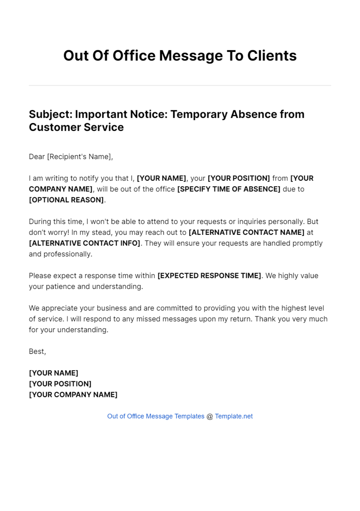 Out Of Office Message To Clients Template