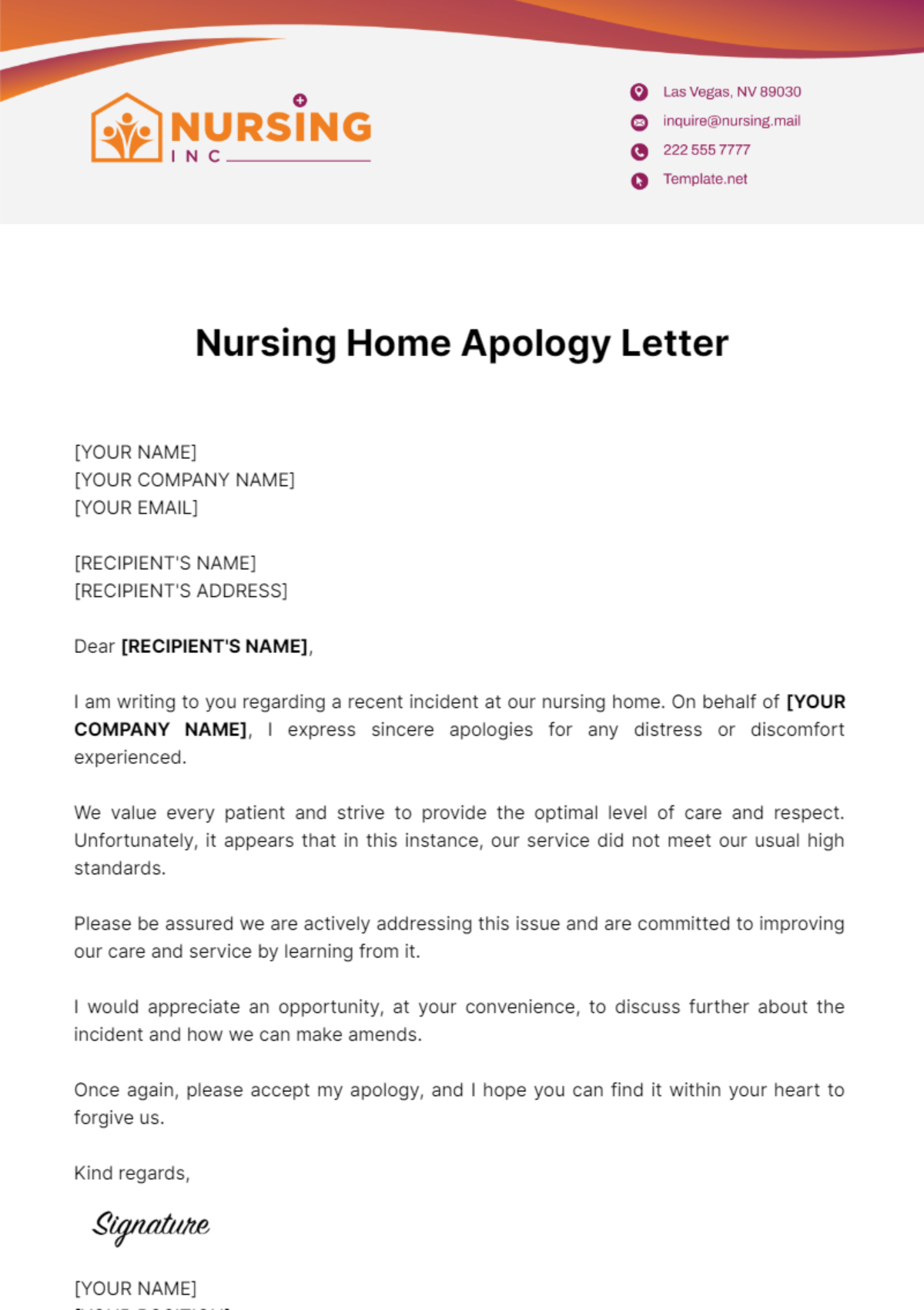 Nursing Home Apology Letter Template