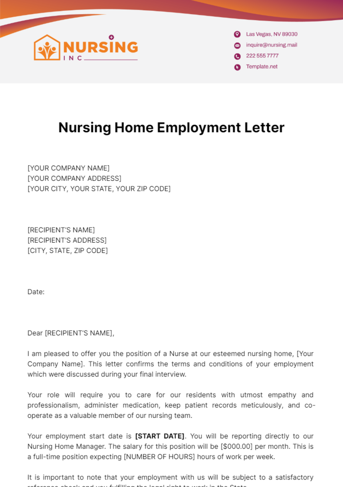 Nursing Home Employment Letter Template