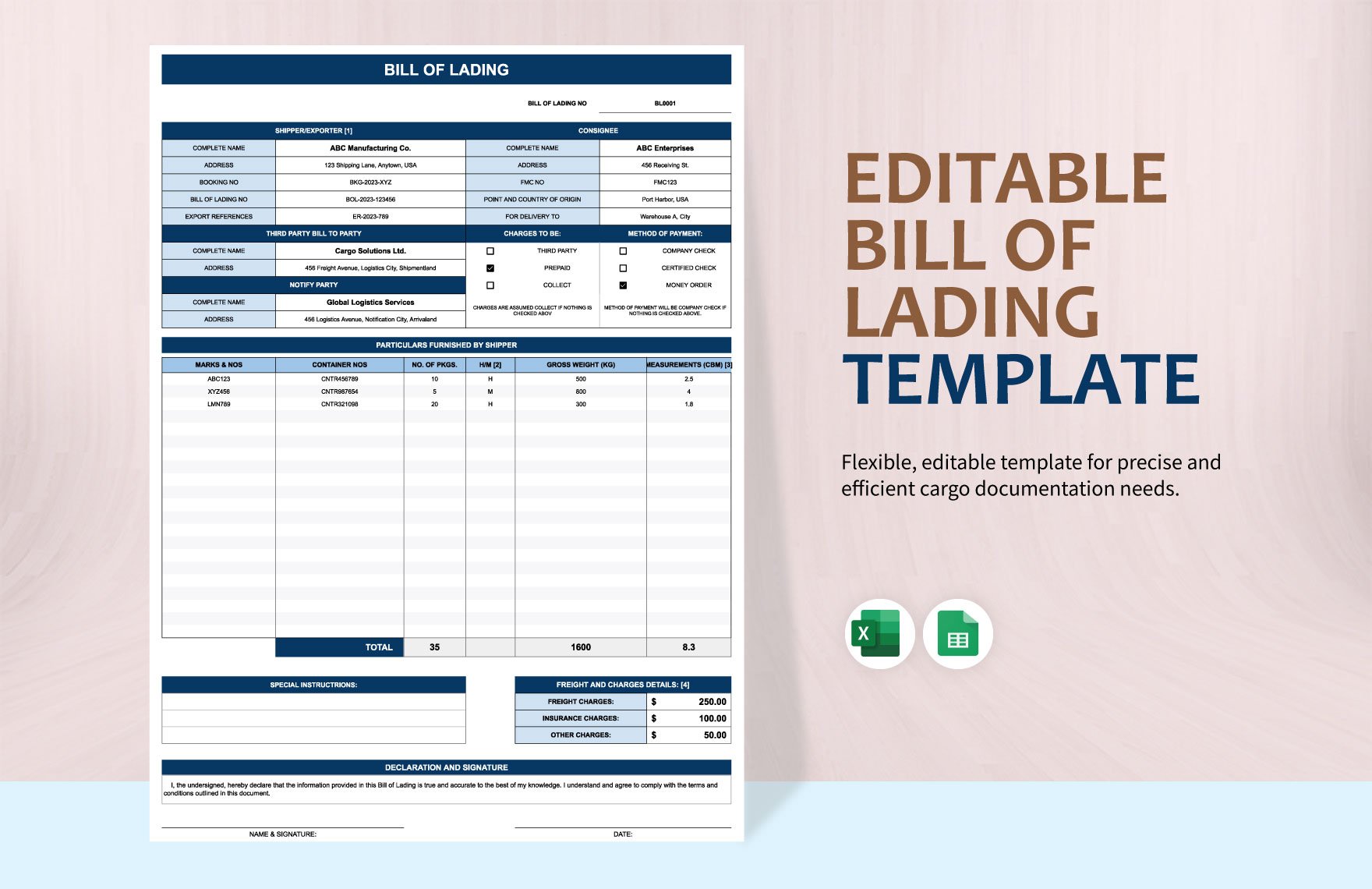 Editable Bill of Lading Template in Excel, Google Sheets