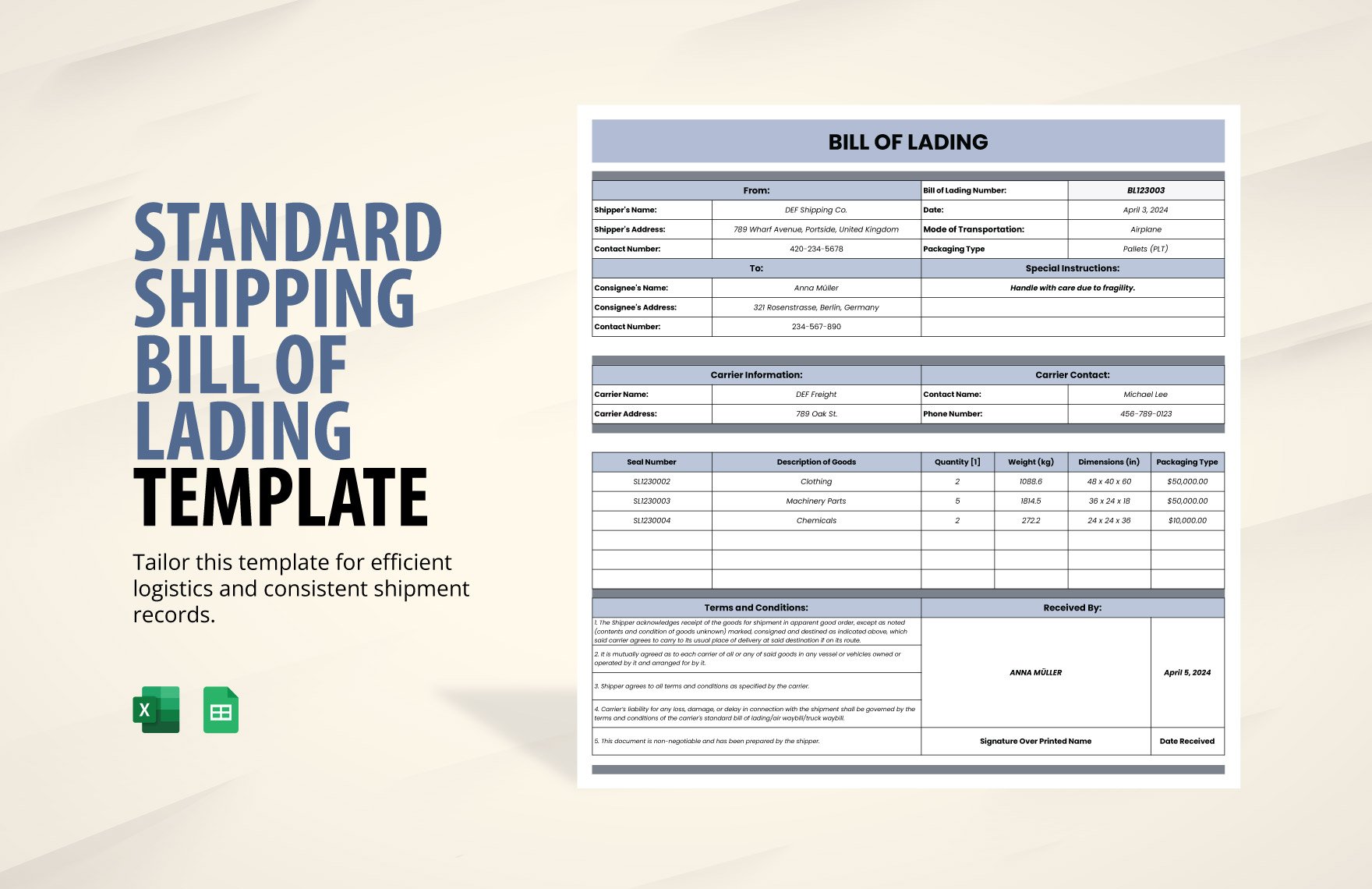 Standard Shipping Bill of Lading Template