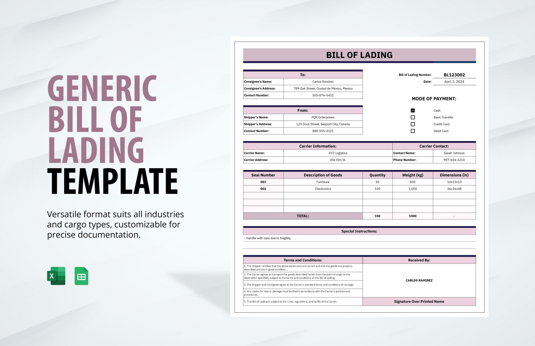 Generic Bill of Lading Template in Excel, Google Sheets