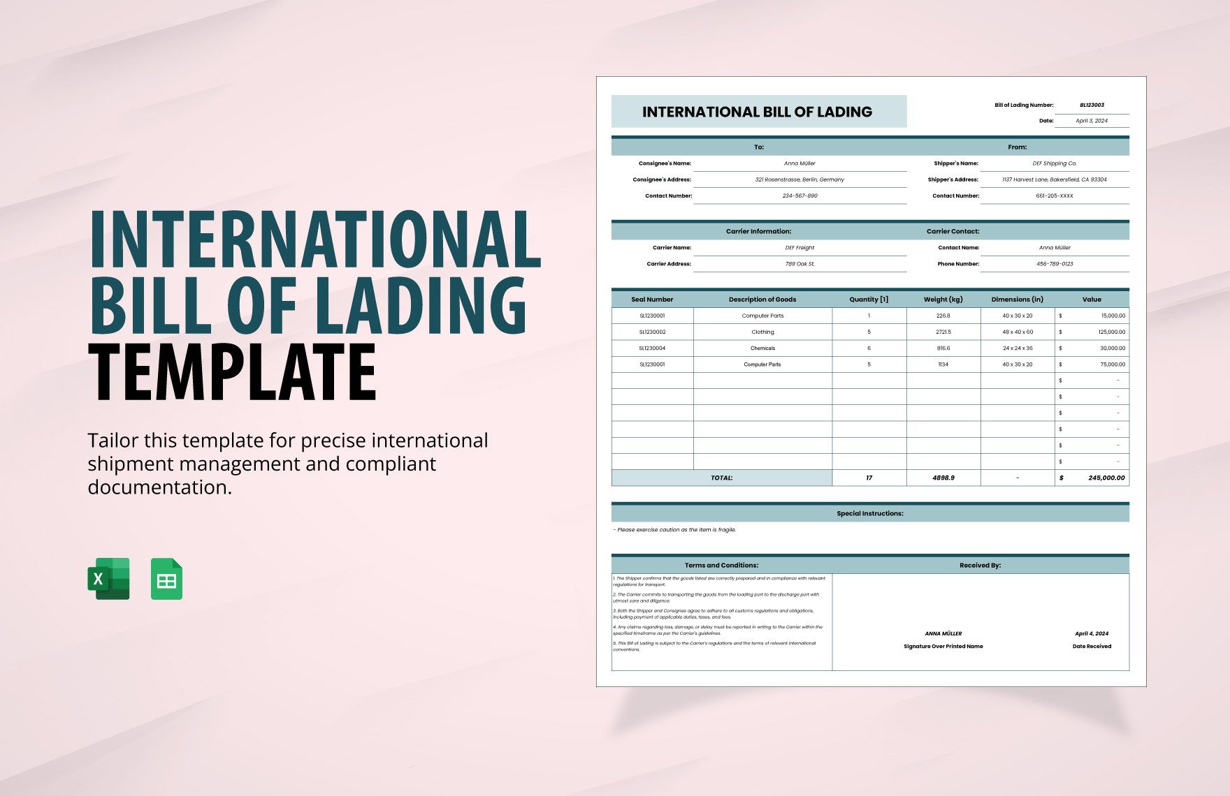 International Bill of Lading Template in Excel, Google Sheets