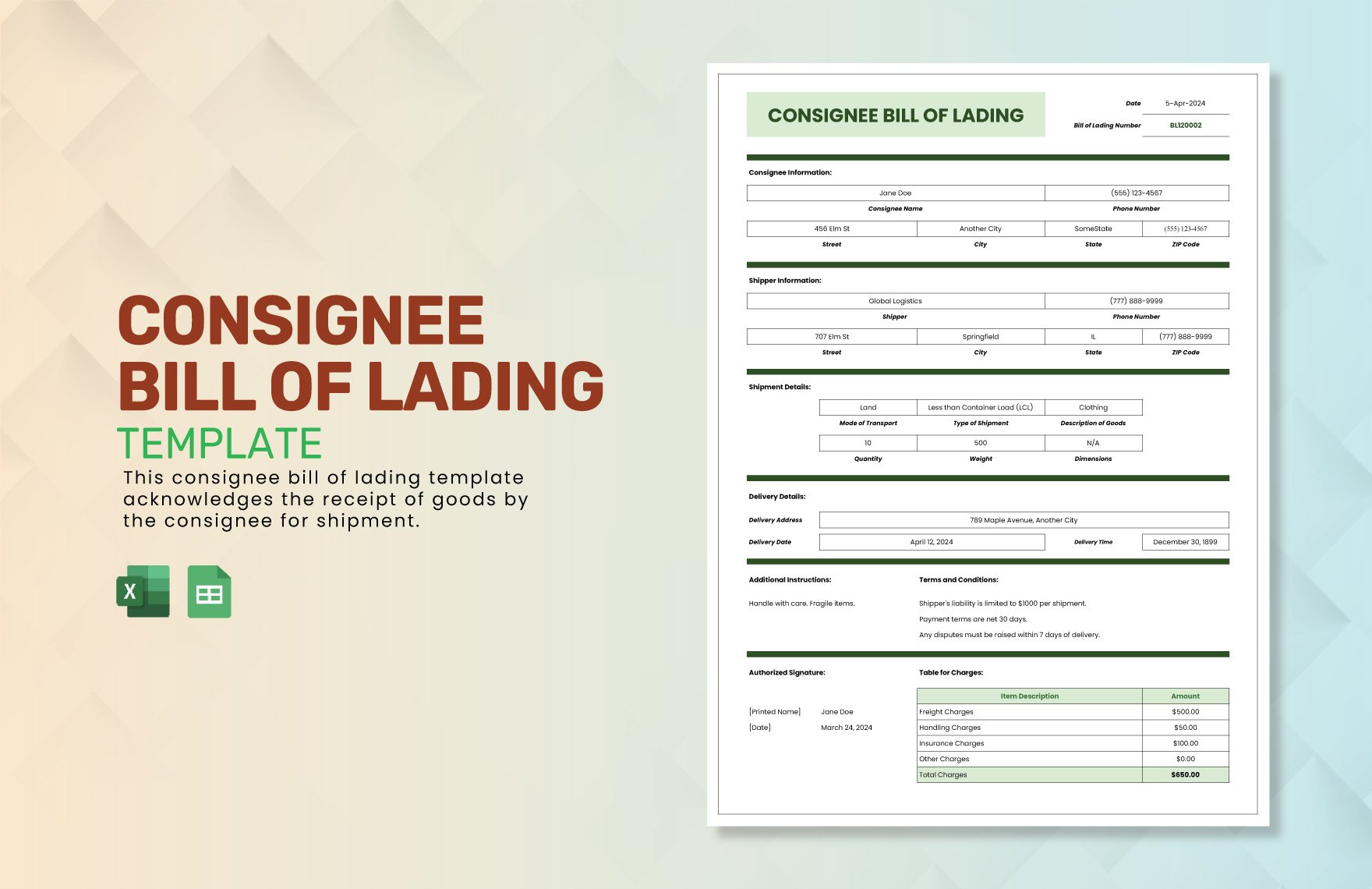 Consignee Bill of Lading Template in Excel, Google Sheets
