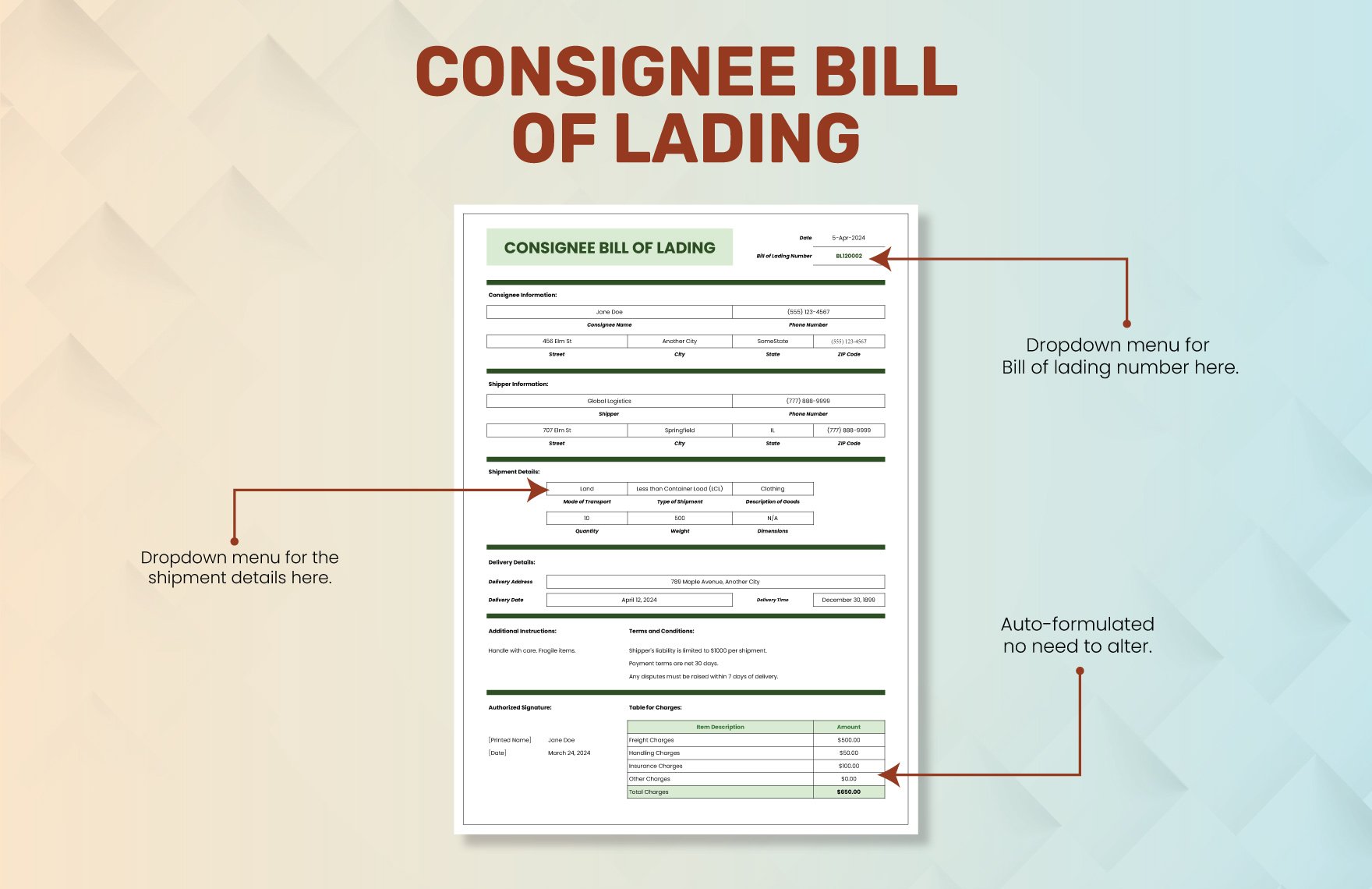 Consignee Bill of Lading Template