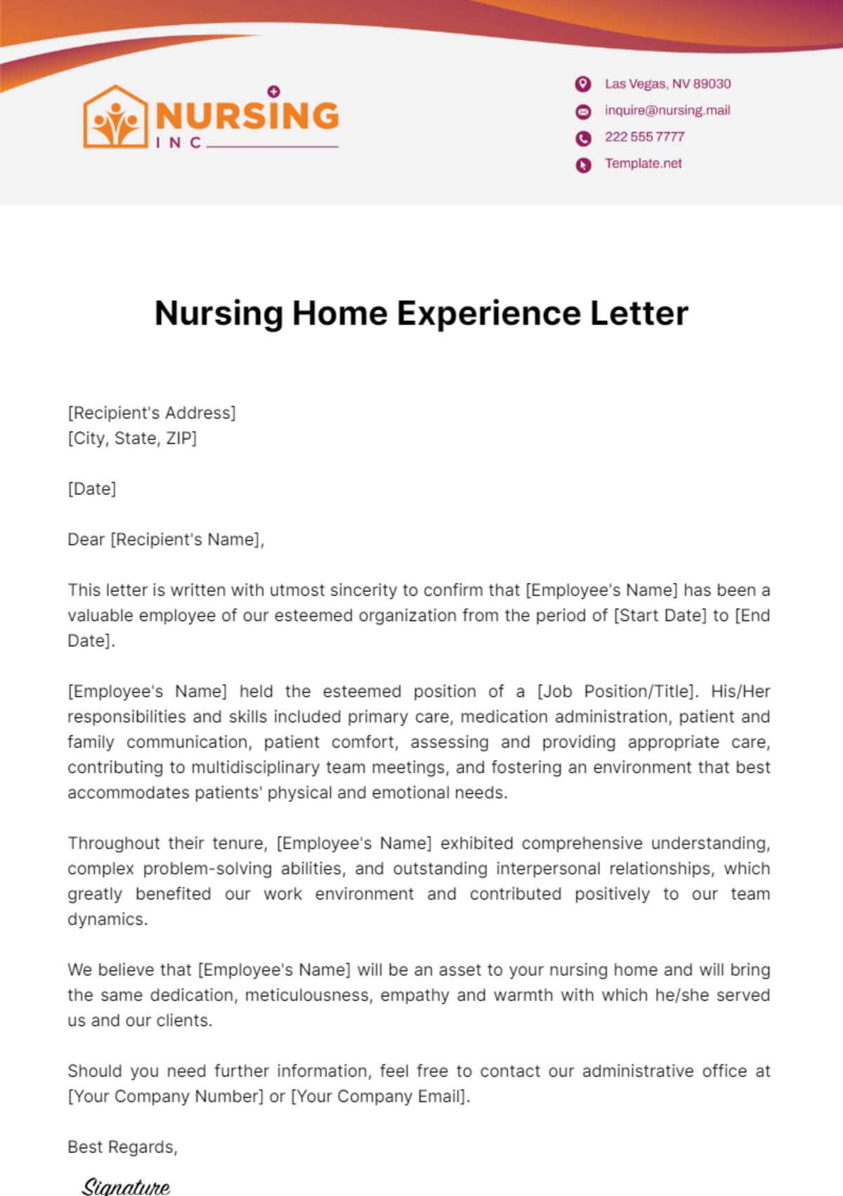 Nursing Home Experience Letter Template