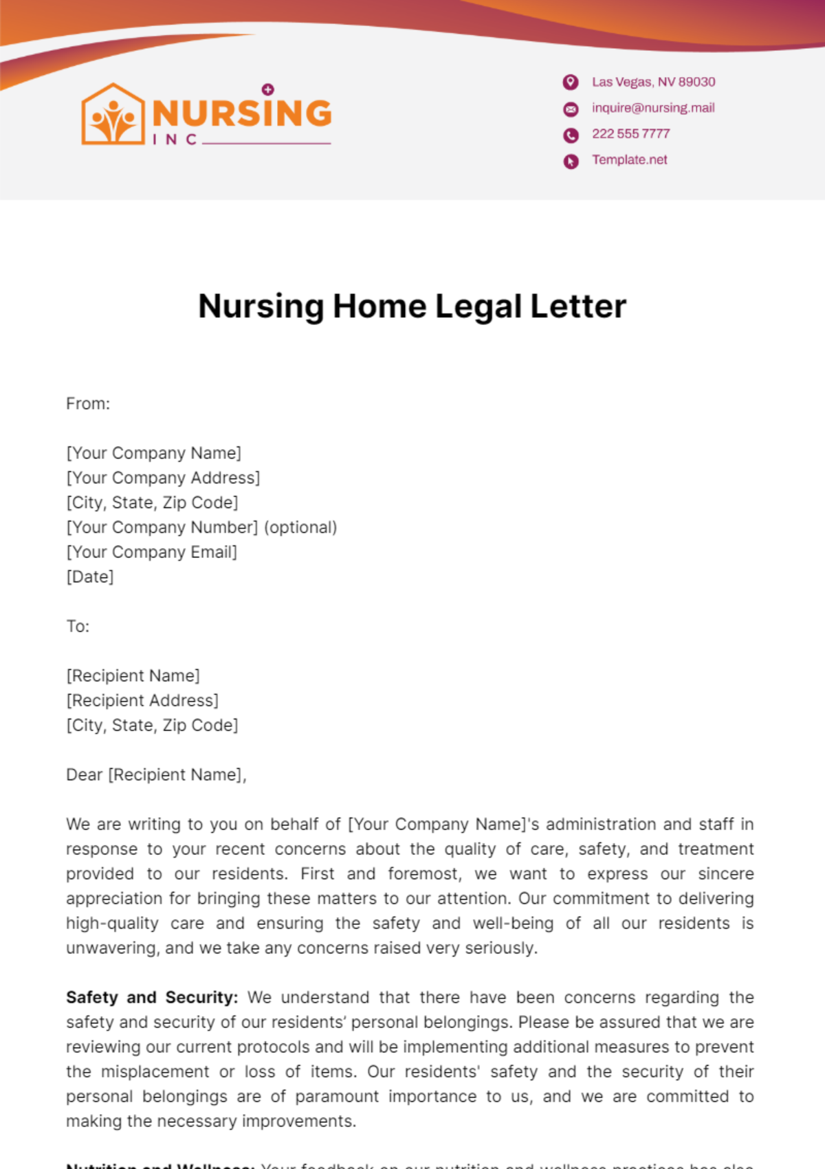 Nursing Home Legal Letter Template