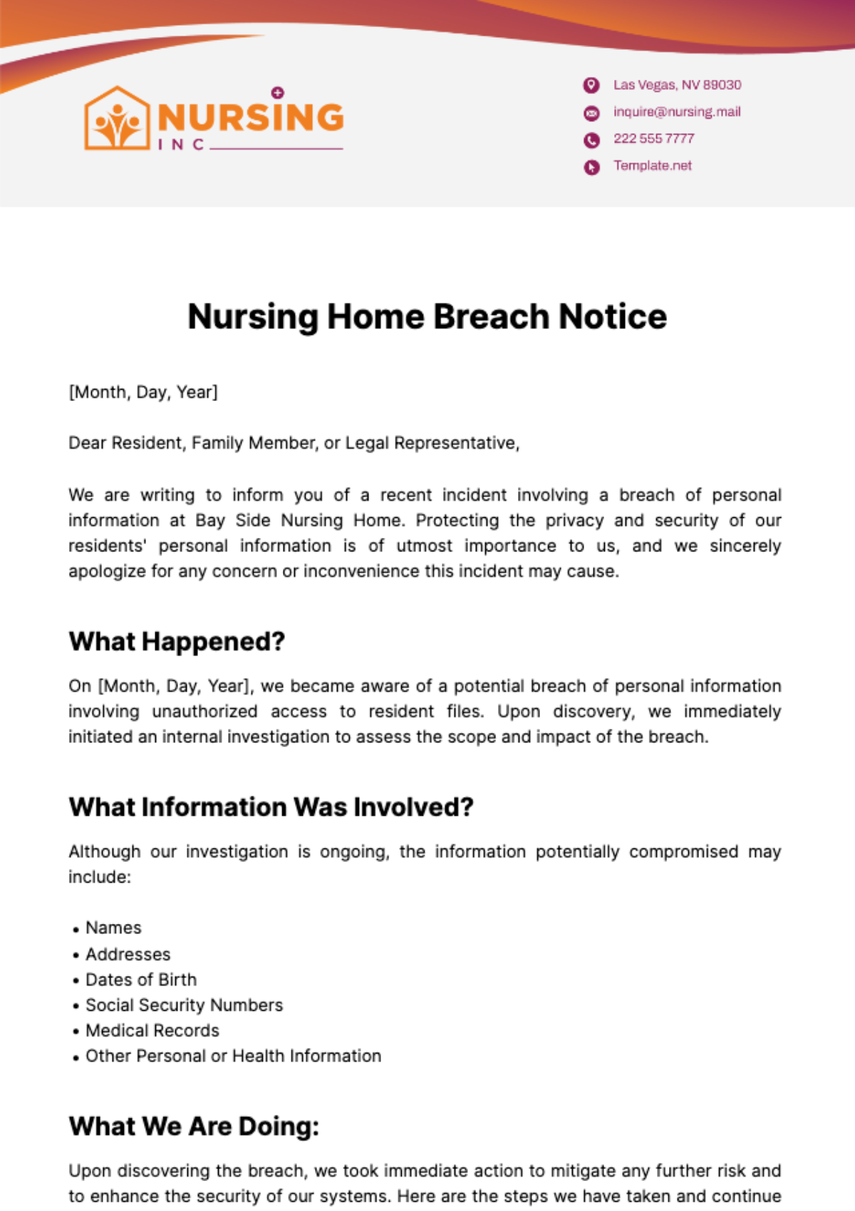 Nursing Home Breach Notice Template
