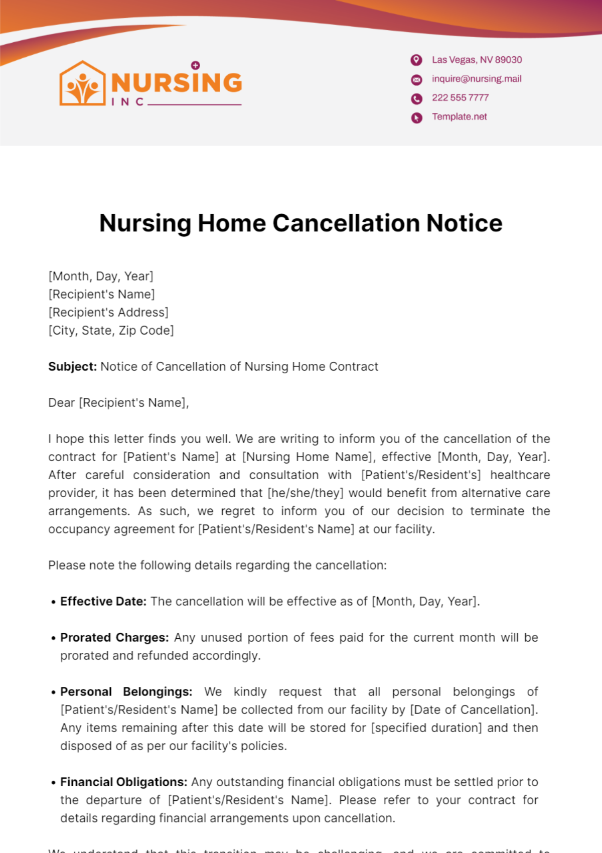Nursing Home Cancellation Notice Template