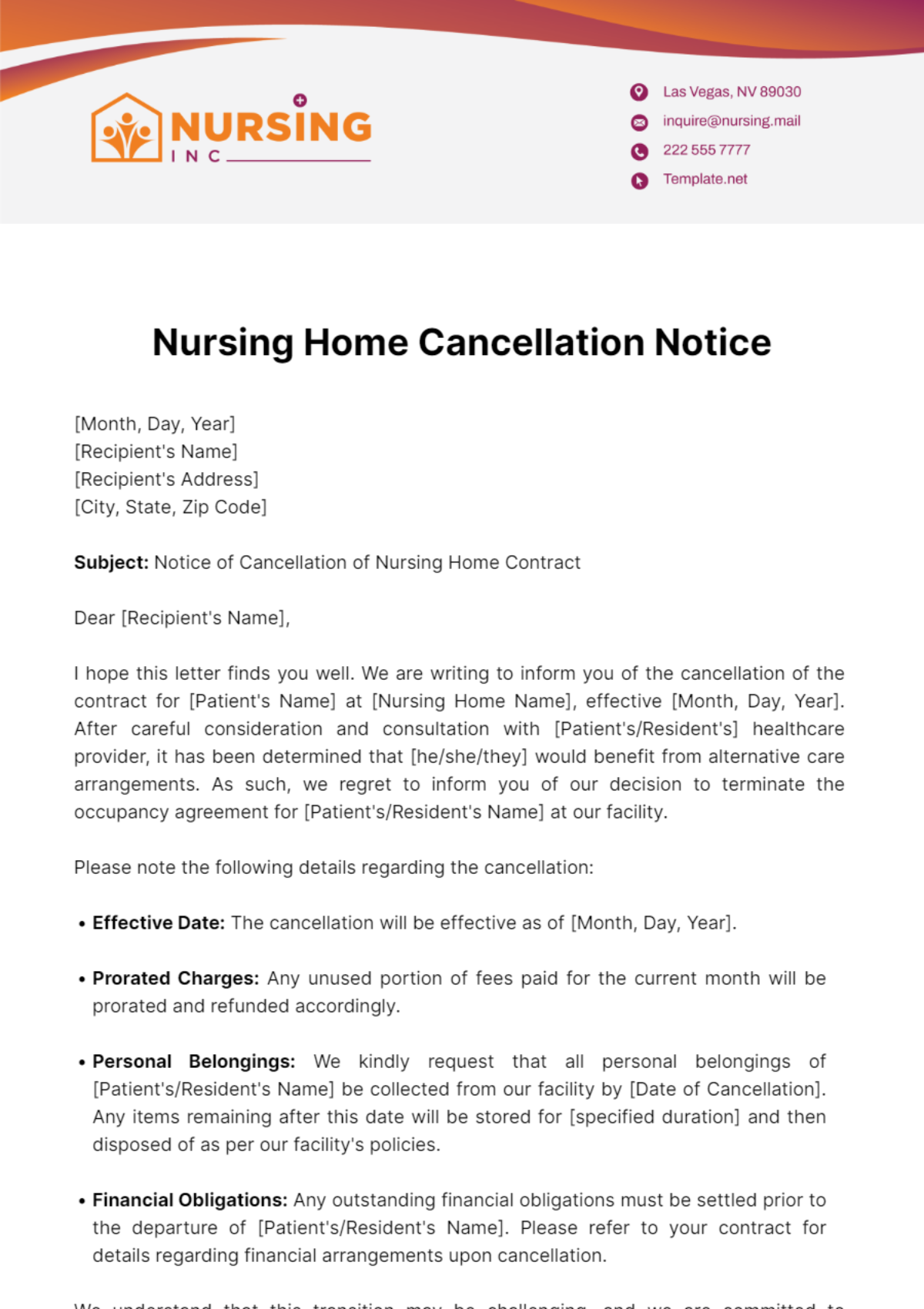 Nursing Home Cancellation Notice Template - Edit Online & Download